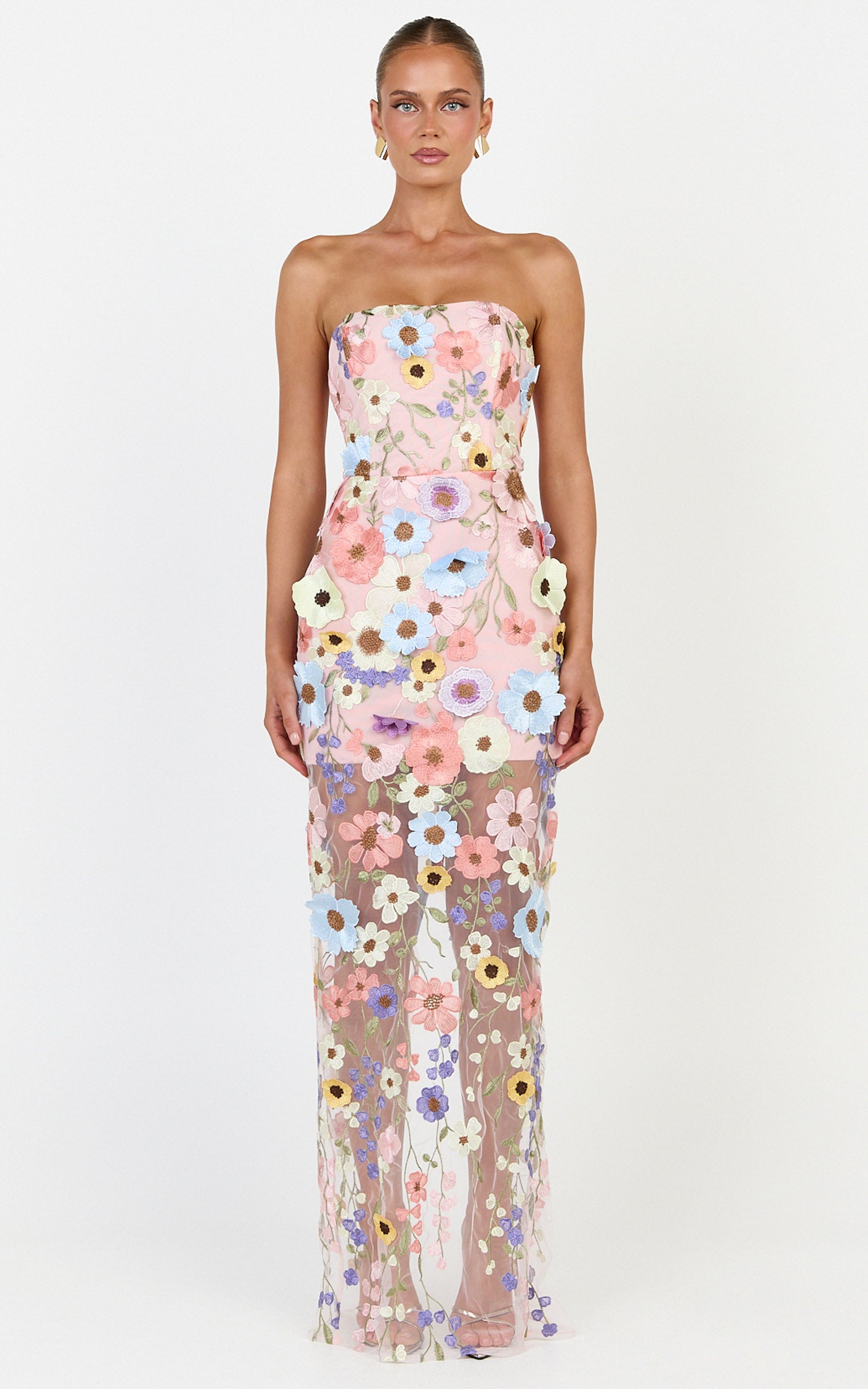 Sienna Maxi Dress - 3D Floral Strapless Column Dress in Multi - View 4