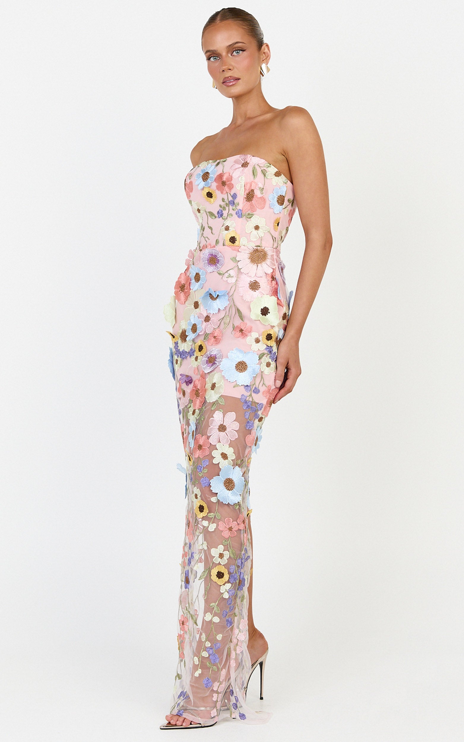 Sienna Maxi Dress - 3D Floral Strapless Column Dress in Multi - View 5