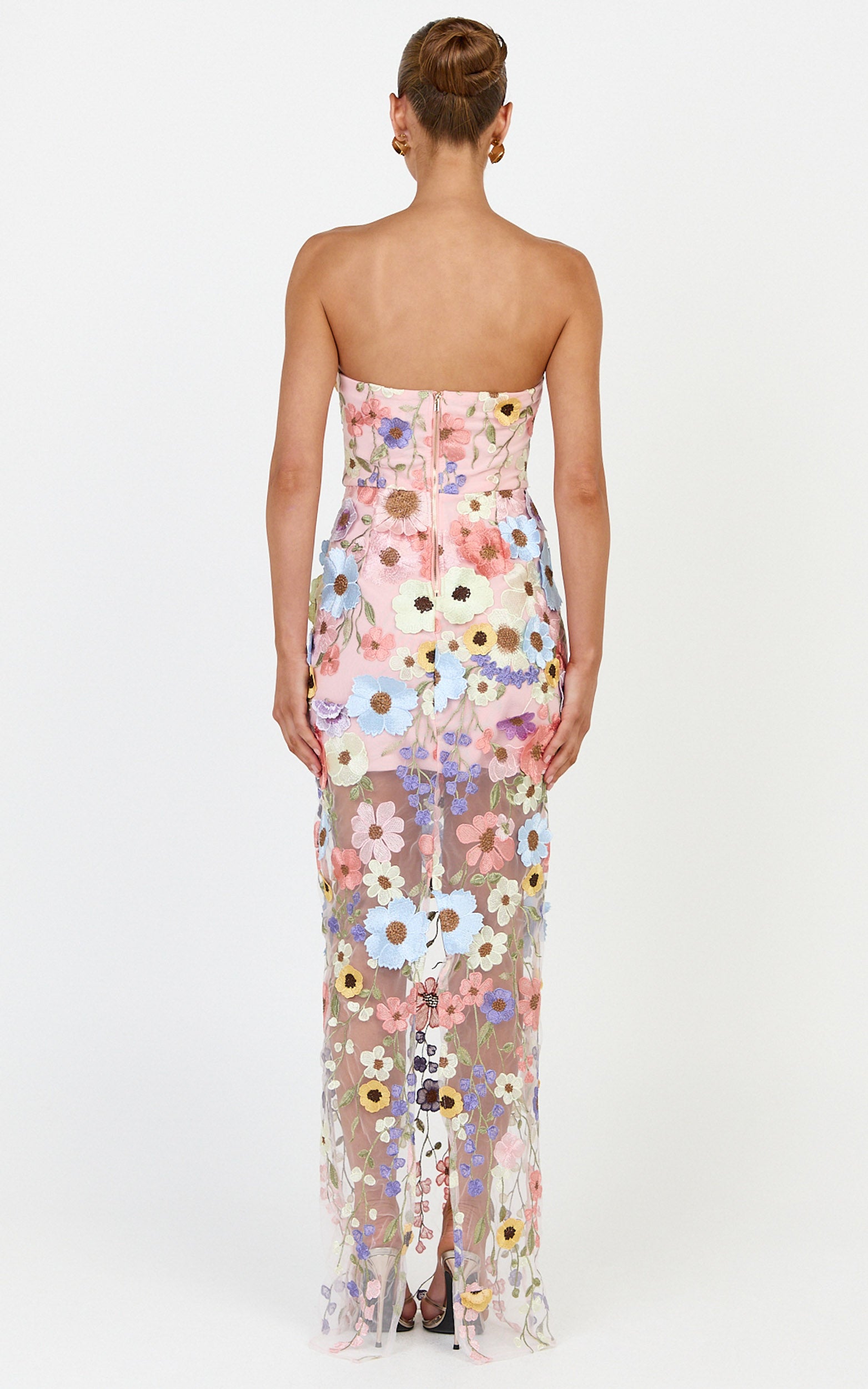 Sienna Maxi Dress - 3D Floral Strapless Column Dress in Multi - View 6