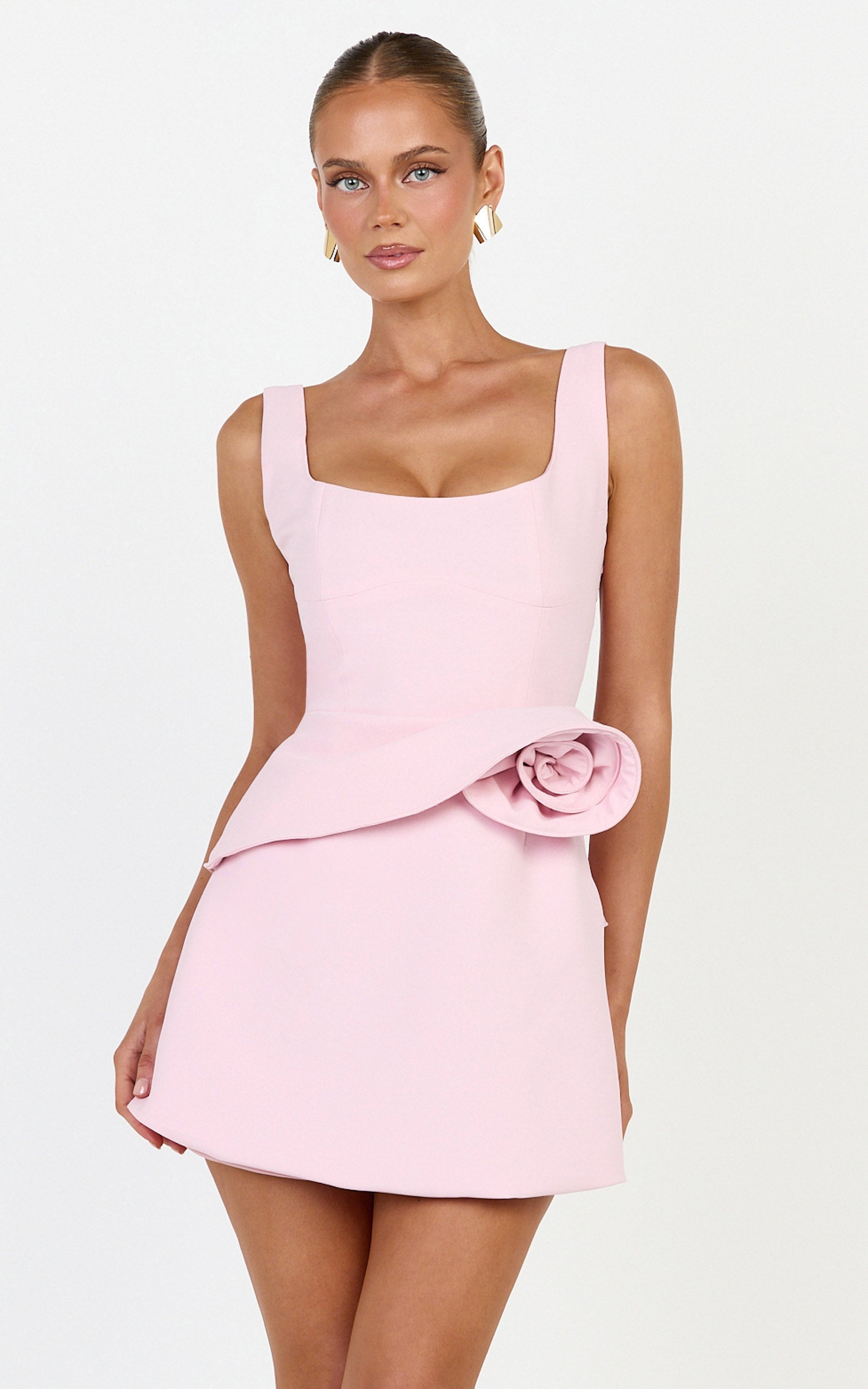 Vivienne Mini Dress - Square Neck Rosette Peplum Dress in Pink - View 3