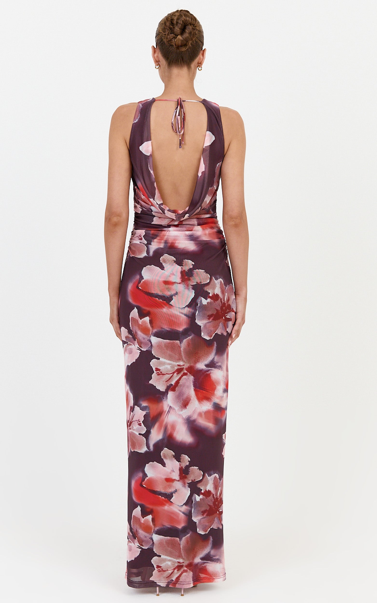 Cordelia Maxi Dress - V Neckline Ruched Bodice Dress in Midnight Blossoms Print - View 2