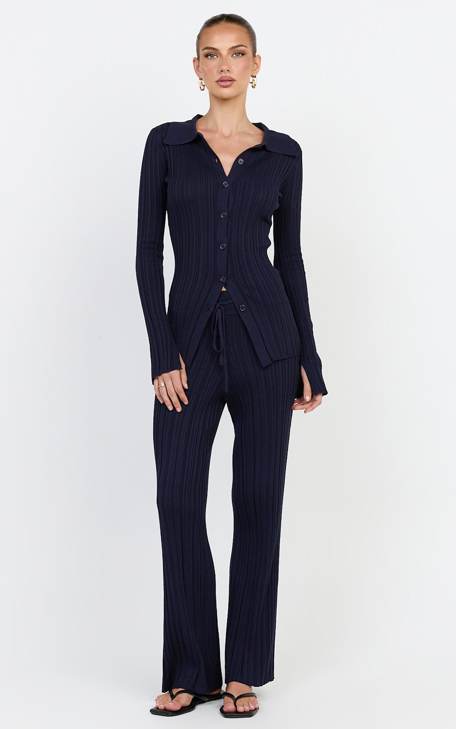 Kelsey Pants - High Drawstring Waist Knit Pants in Navy - View 3