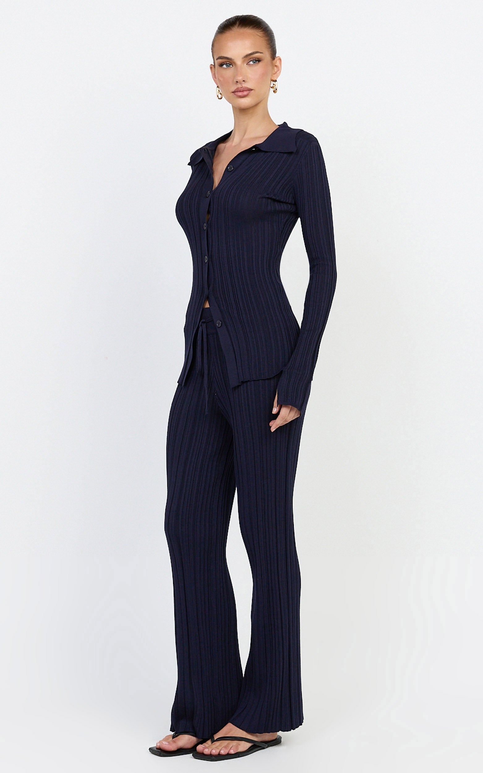 Kelsey Top - Button Through Long Sleeve Knit Top in Navy - View 4