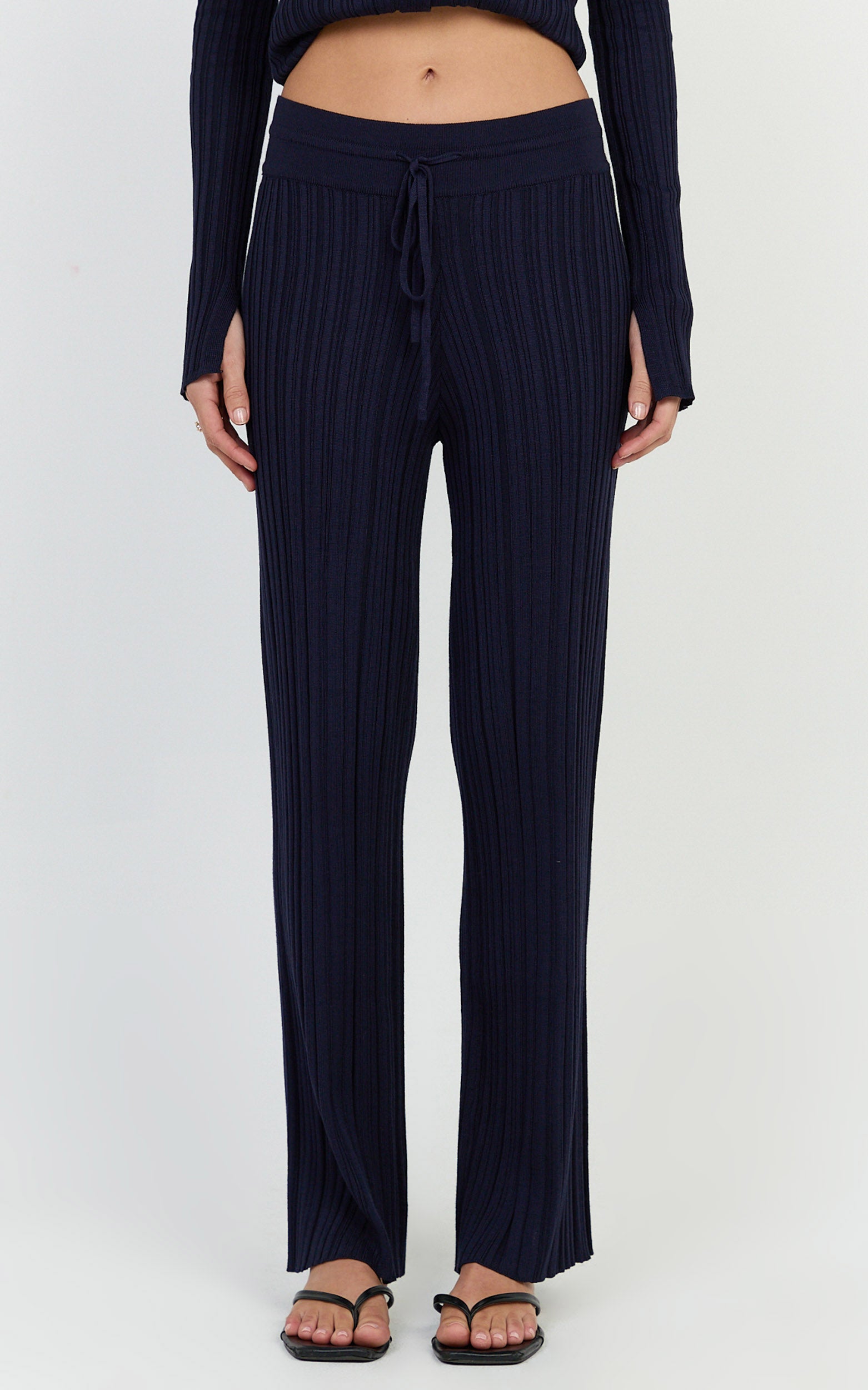 Kelsey Pants - High Drawstring Waist Knit Pants in Navy - View 2