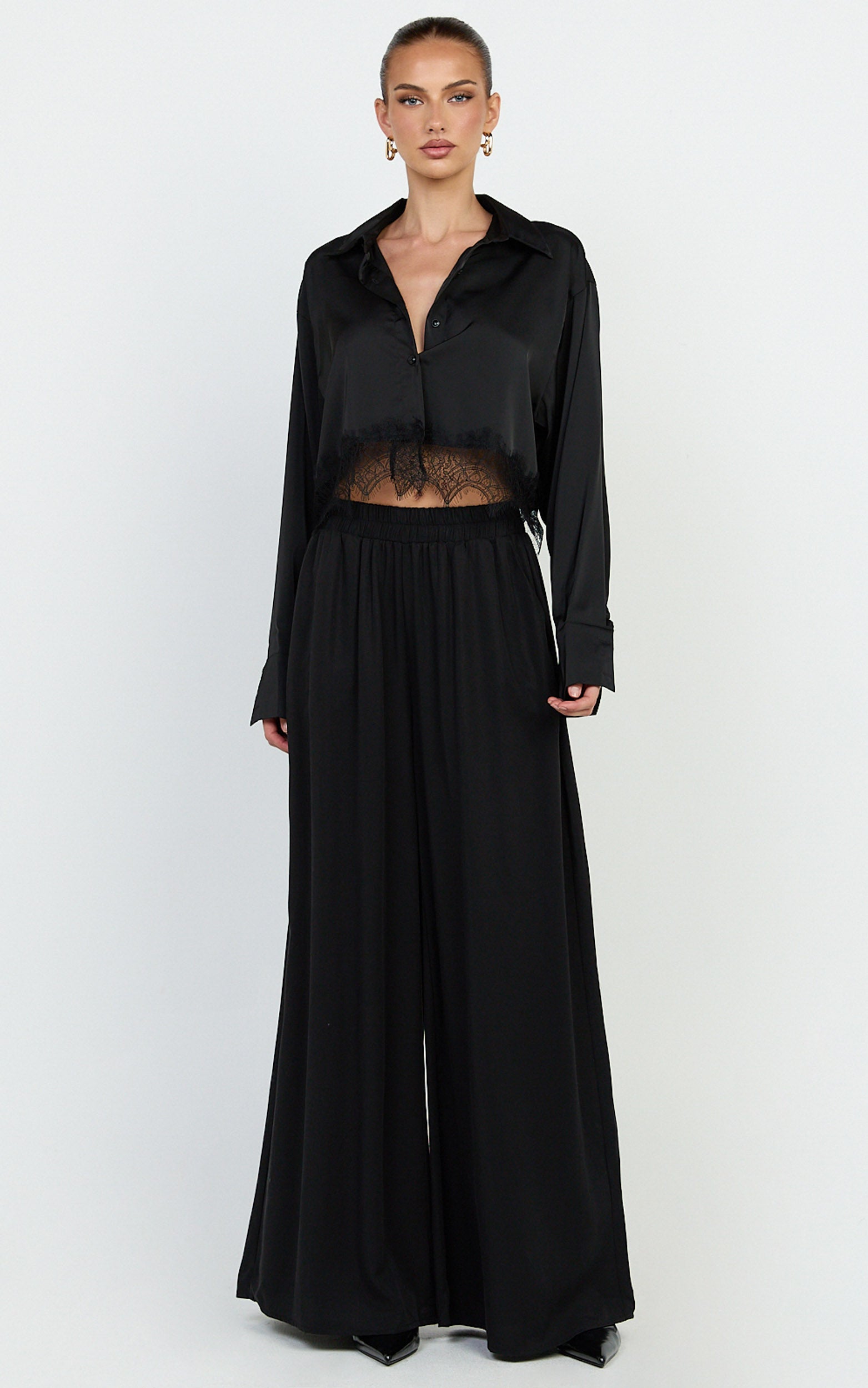 Cardi Pants - High Waist Elastic Wide Leg Pants in Black - View 4