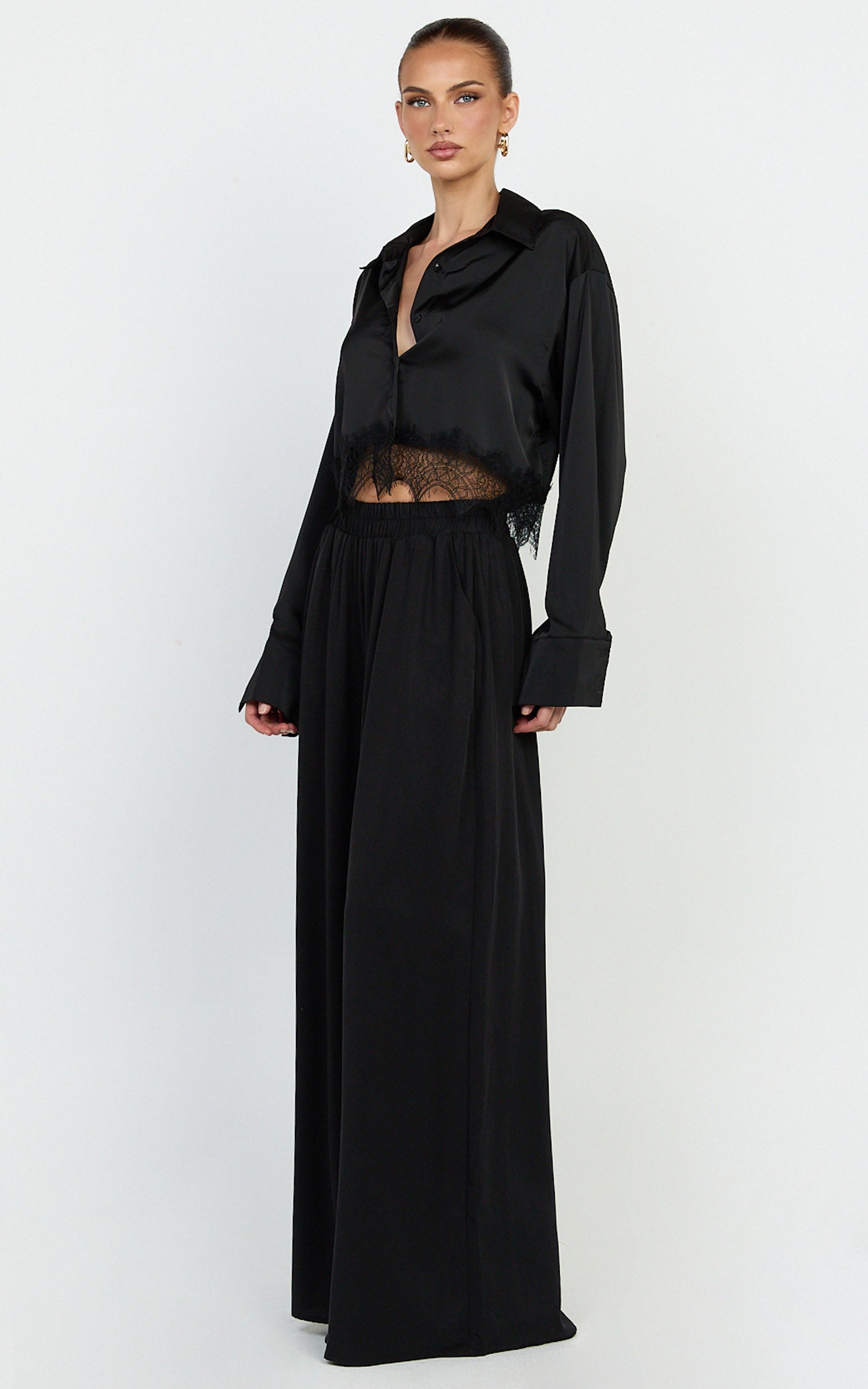 Cardi Pants - High Waist Elastic Wide Leg Pants in Black - View 5