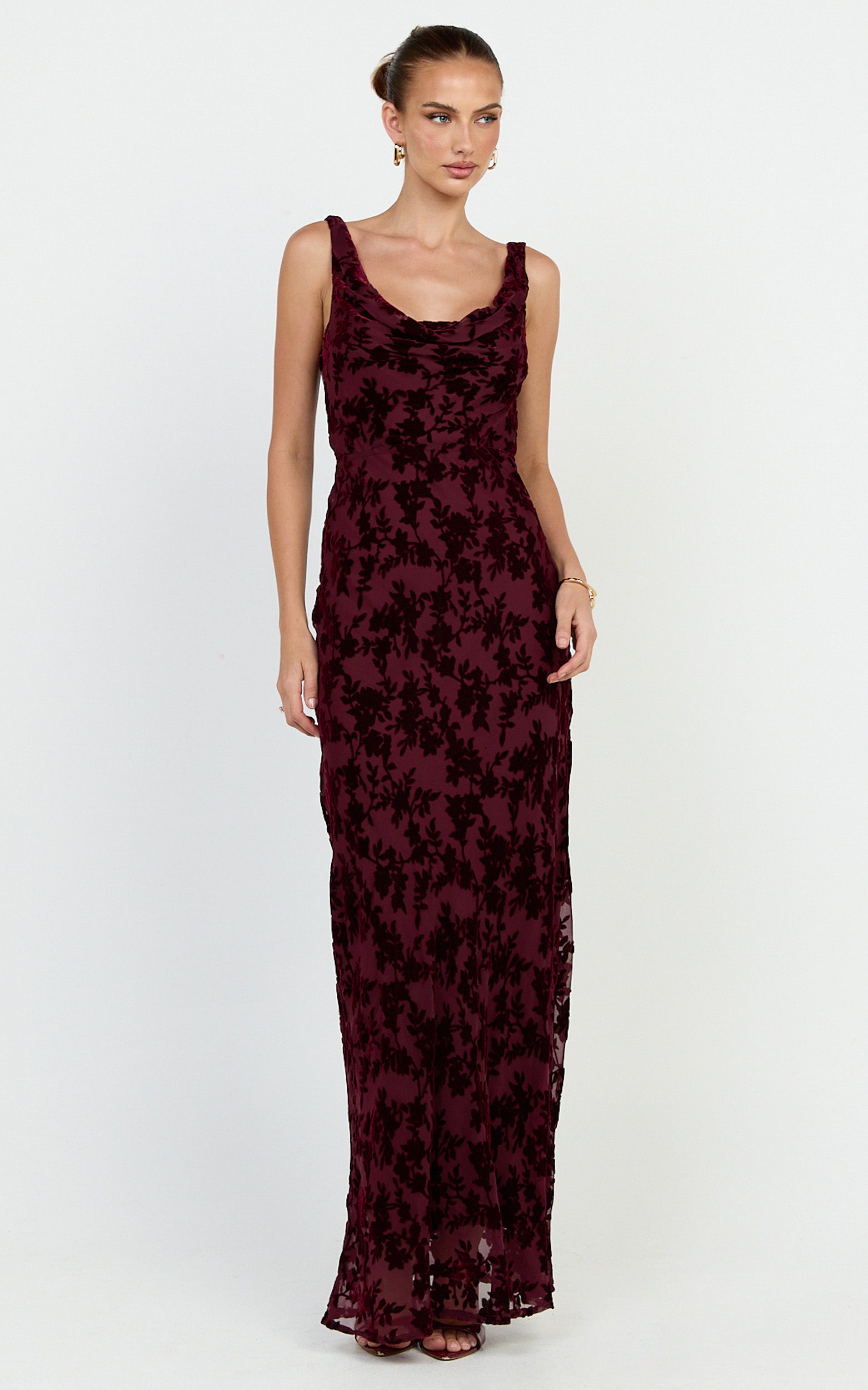 June Maxi Dress - Cowl Neck Scooped Back Slip Dress in Wine - View 4