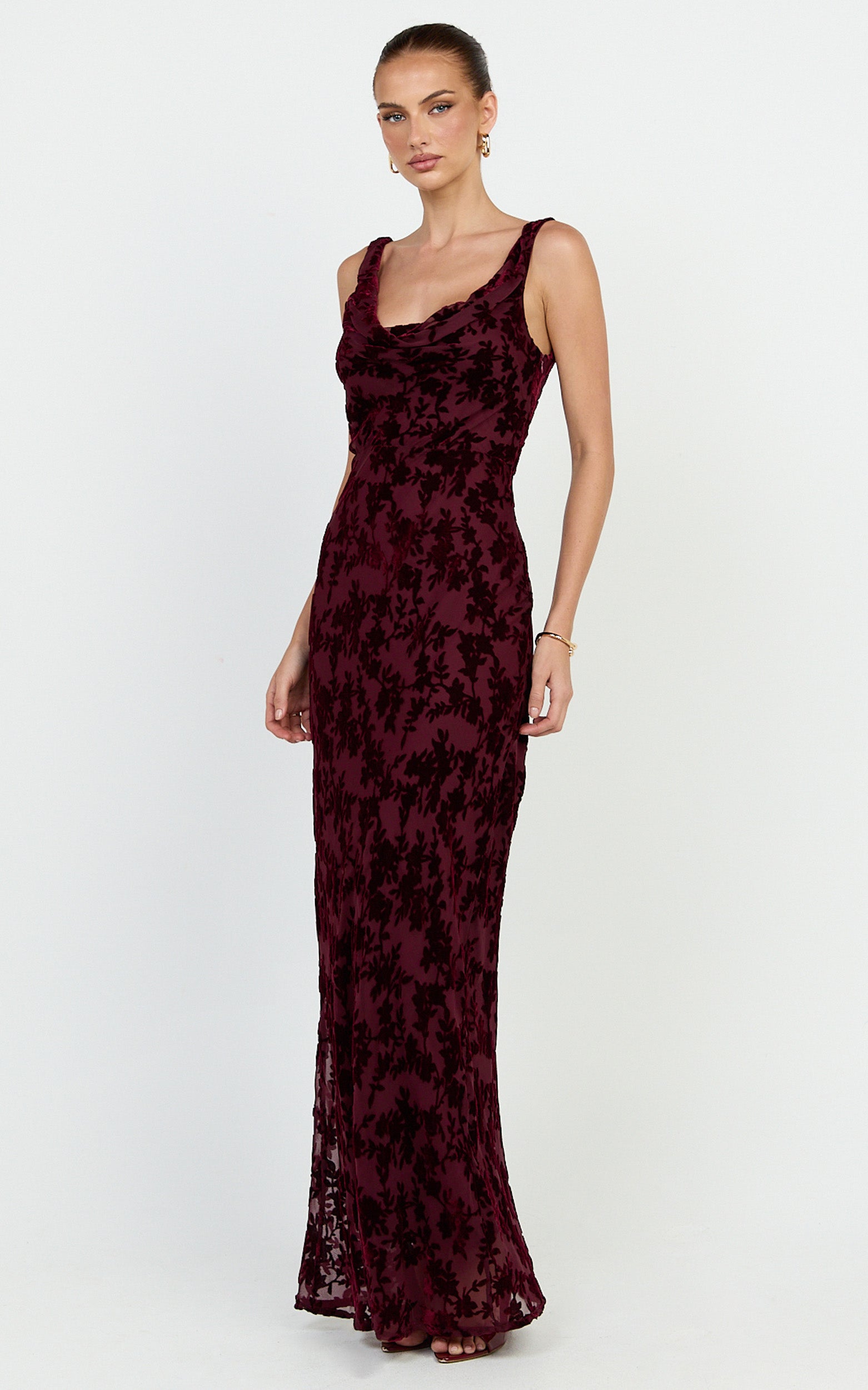 June Maxi Dress - Cowl Neck Scooped Back Slip Dress in Wine - View 2