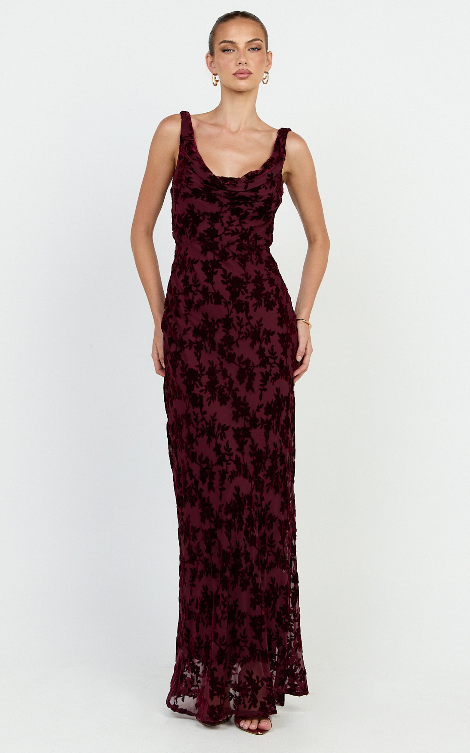 June Maxi Dress - Cowl Neck Scooped Back Slip Dress in Wine - View 3