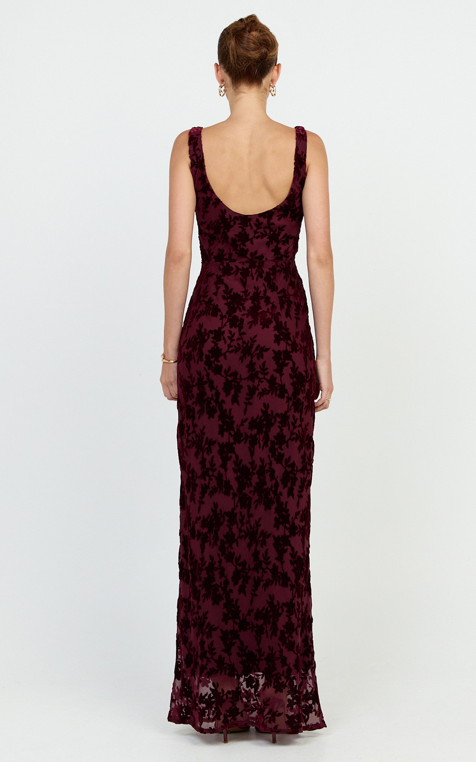 June Maxi Dress - Cowl Neck Scooped Back Slip Dress in Wine - View 5