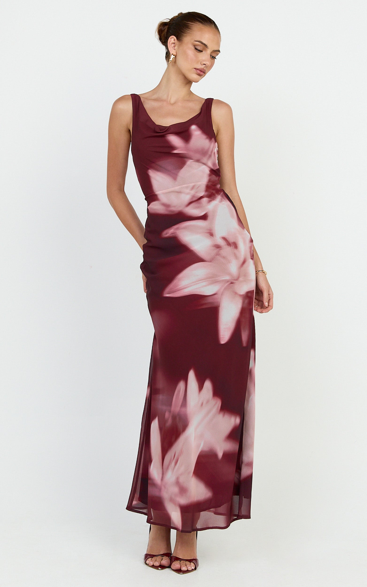 Myra Maxi Dress - Cowl Neck Scoop Back Slip Dress in Maroon Lily Print - View 3