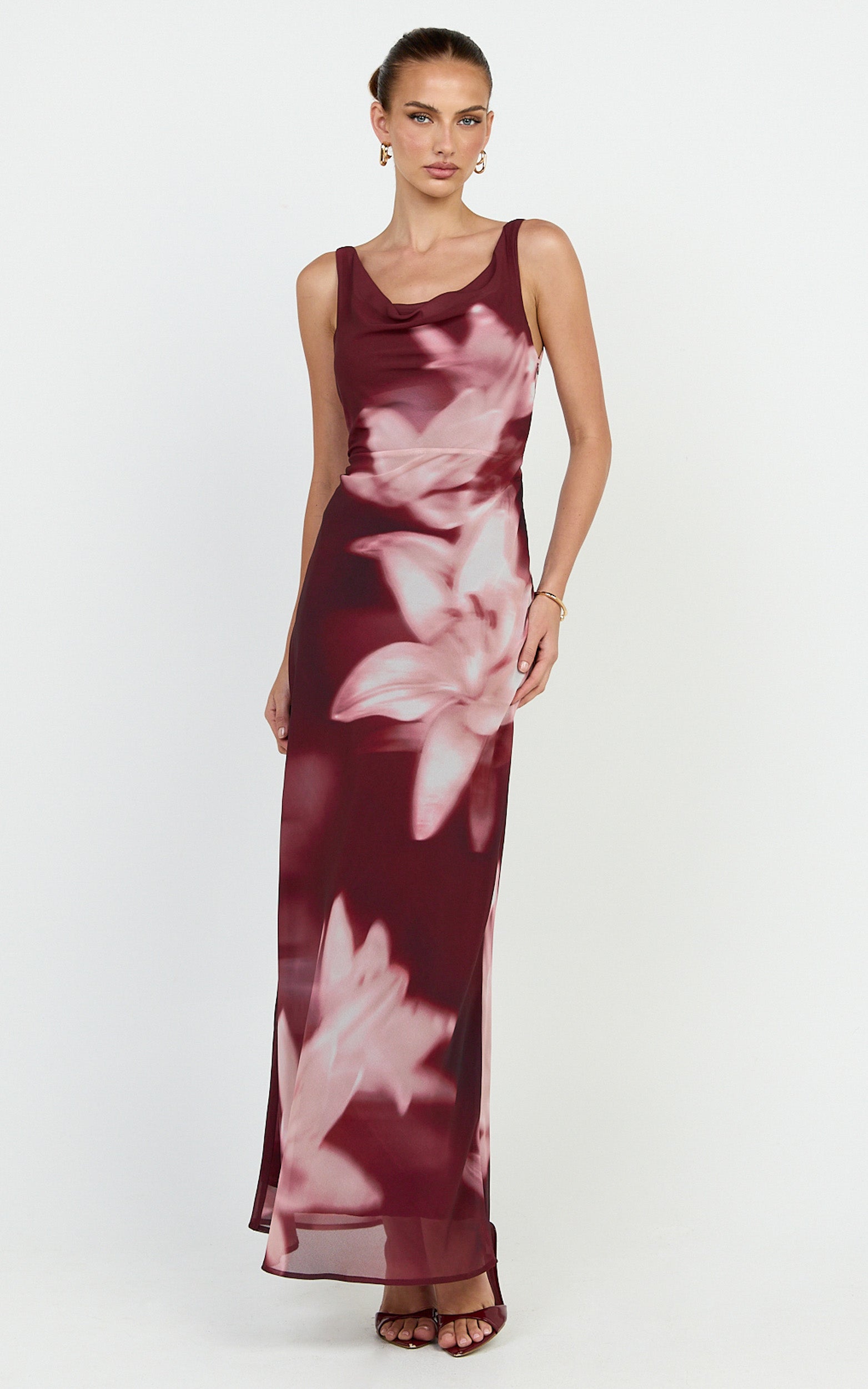 Myra Maxi Dress - Cowl Neck Scoop Back Slip Dress in Maroon Lily Print - View 4