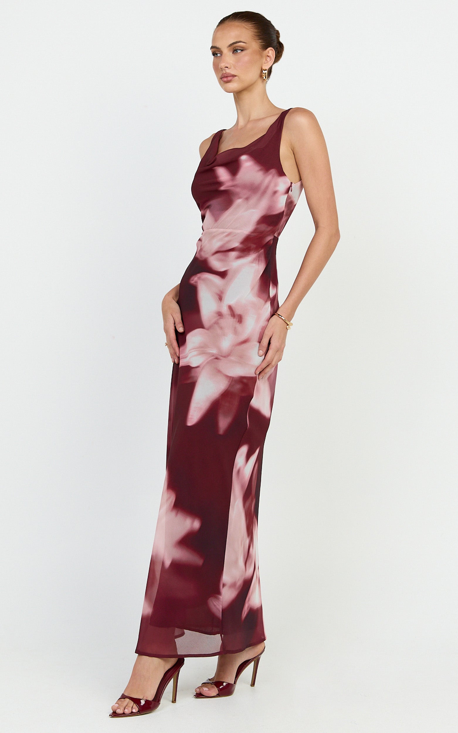 Myra Maxi Dress - Cowl Neck Scoop Back Slip Dress in Maroon Lily Print - View 2