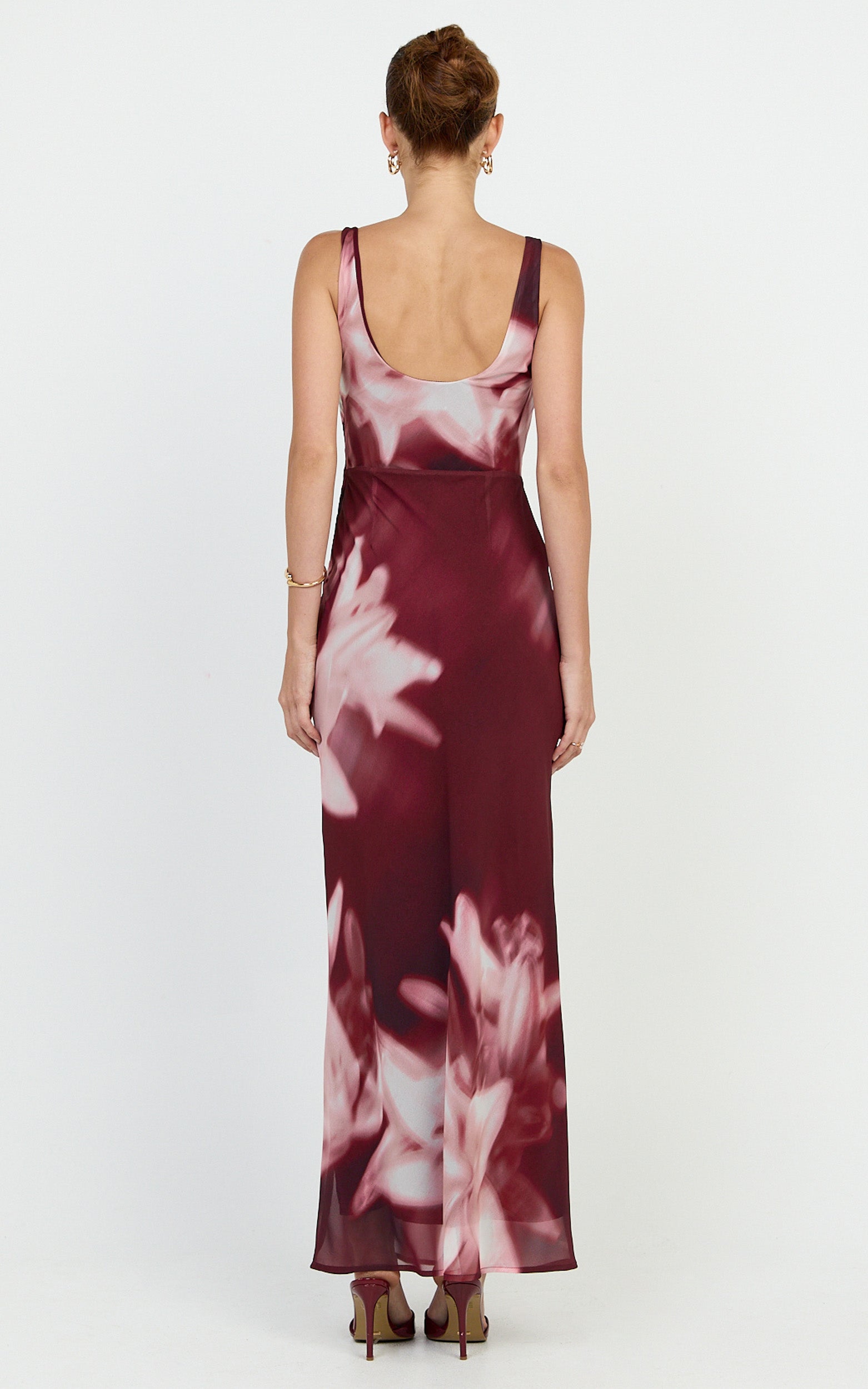 Myra Maxi Dress - Cowl Neck Scoop Back Slip Dress in Maroon Lily Print - View 5