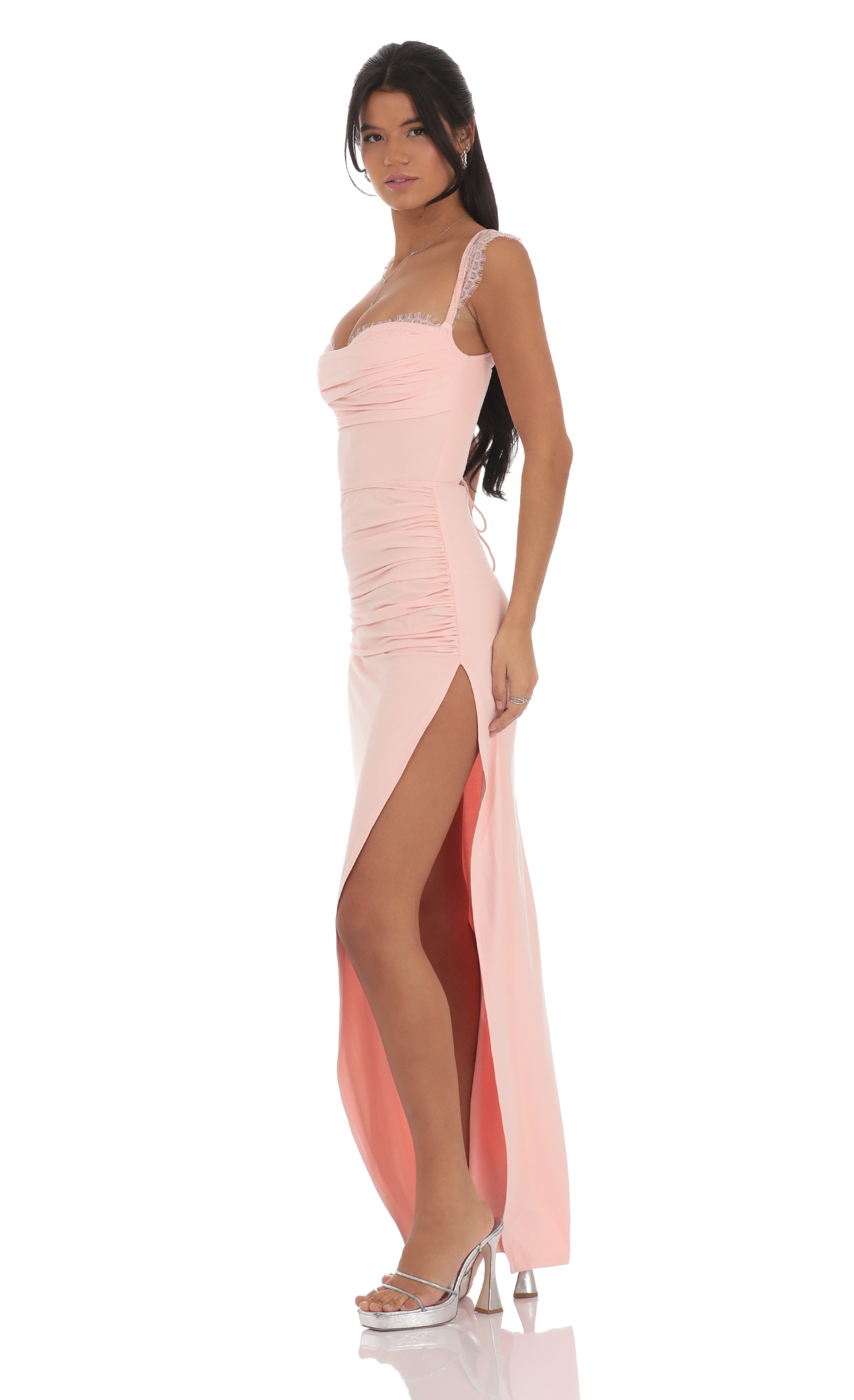 Draped Lace Maxi Dress in Pink - view 3