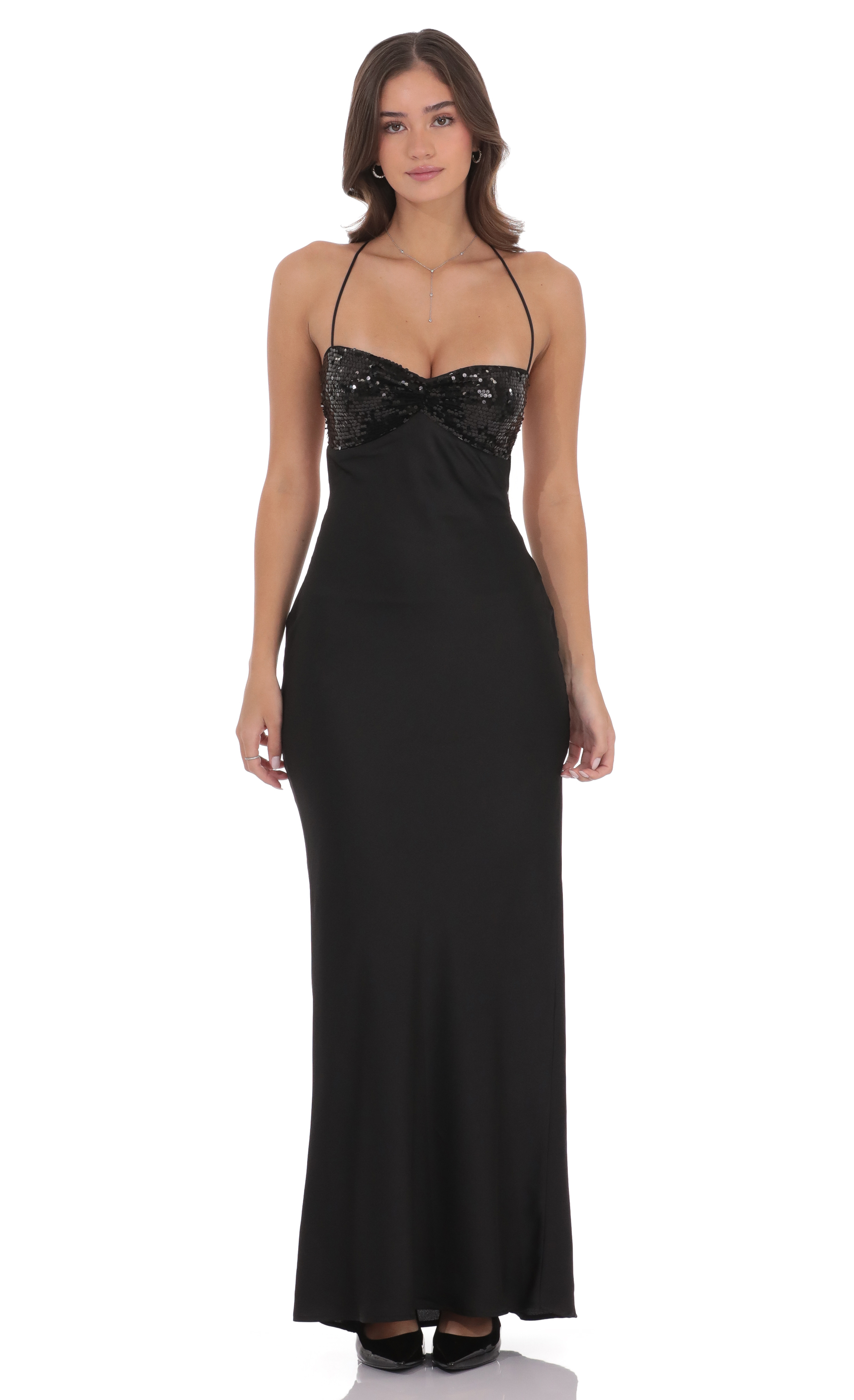 Sequin Bust Satin Maxi Dress in Black - view 1