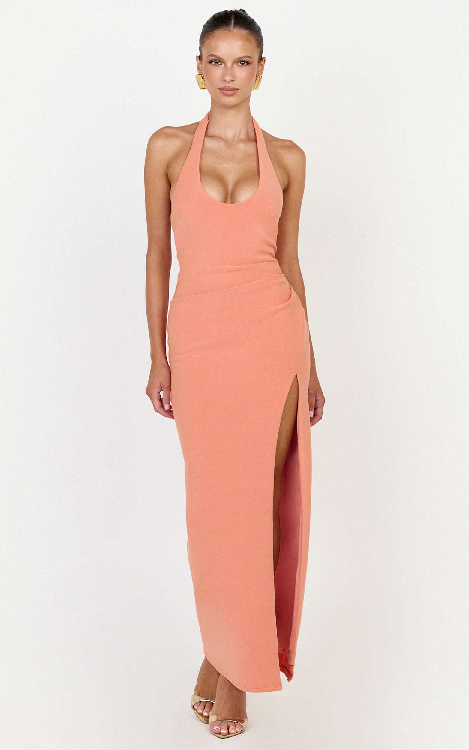 Ruby Maxi Dress - Halter Scoop Neck Low Back Bodycon Dress in Coral - View 4