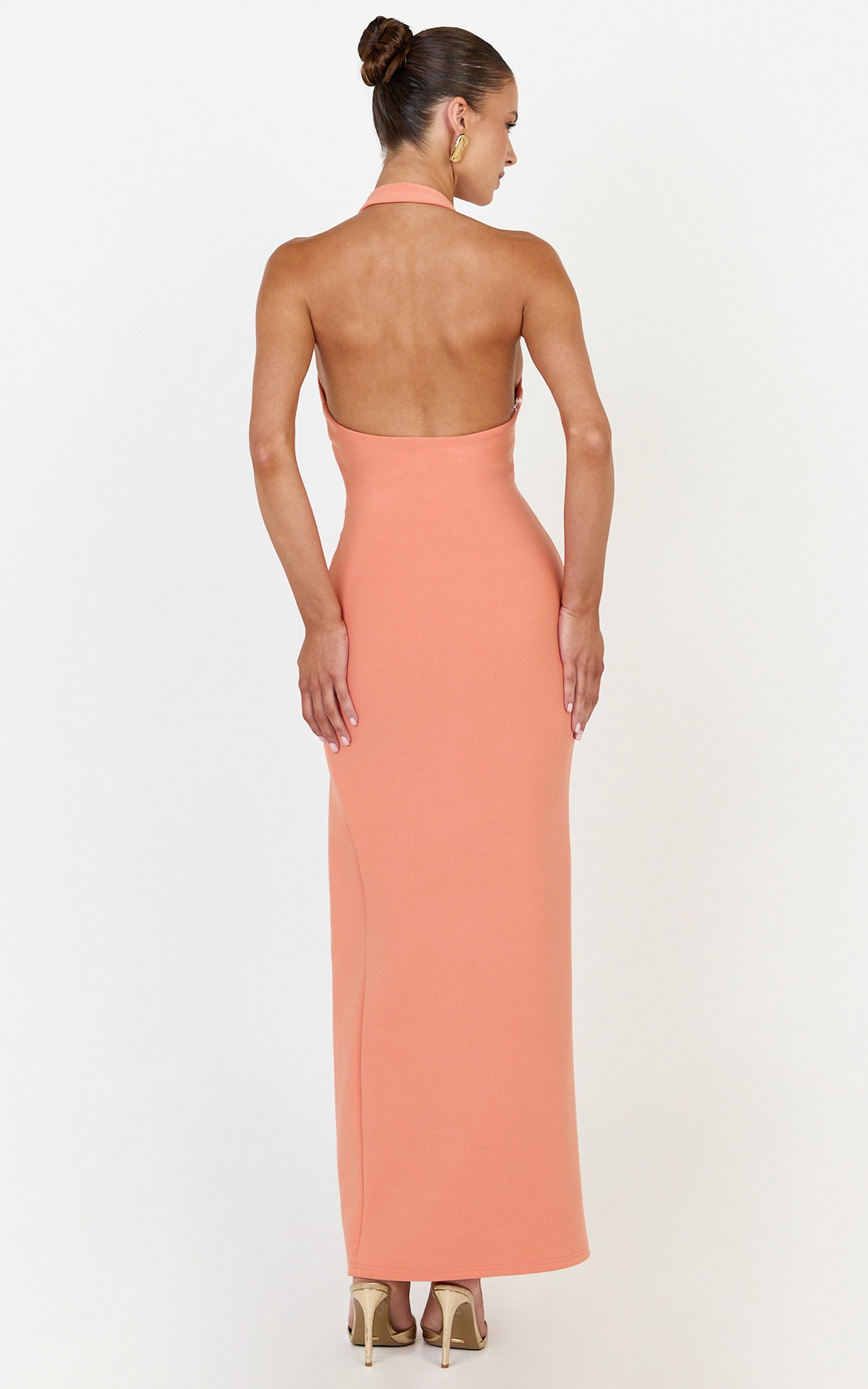 Ruby Maxi Dress - Halter Scoop Neck Low Back Bodycon Dress in Coral - View 5