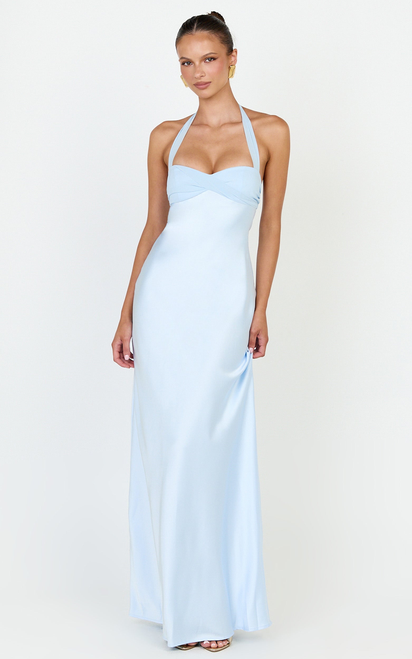 Flynn Maxi Dress - Satin Halter Sweetheart Neck Dress in Blue - View 3