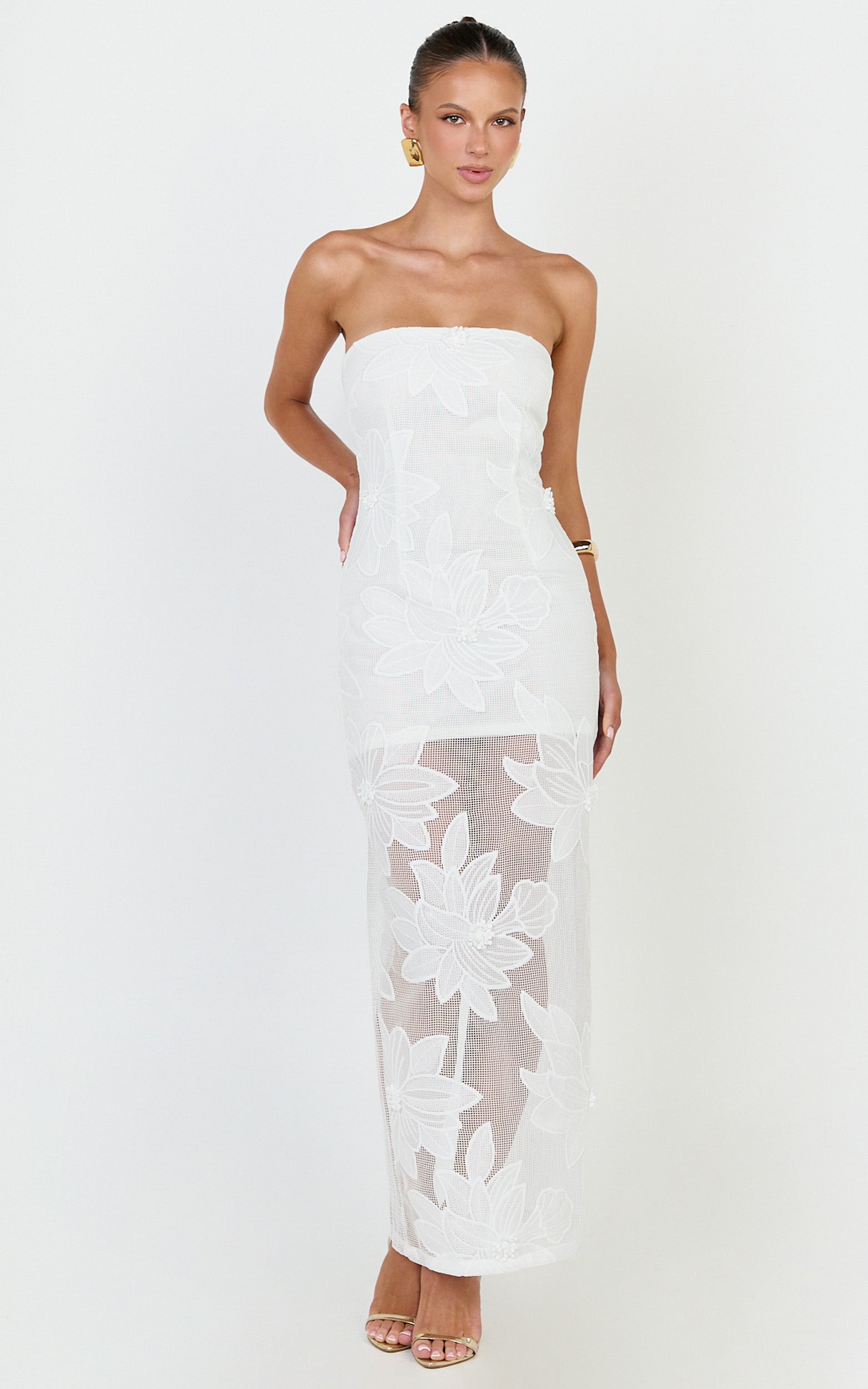 Sienna Midi Dress - Strapless Floral Embroidered Bodycon Dress in White - View 4