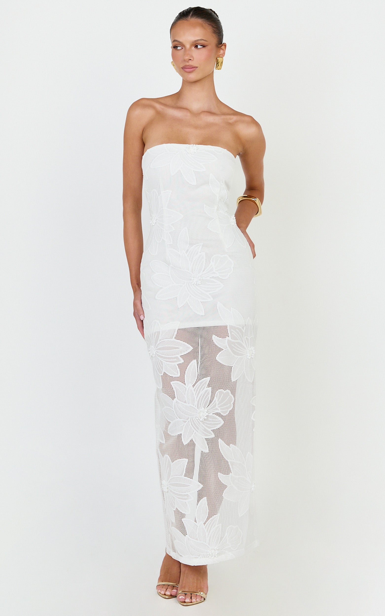Sienna Midi Dress - Strapless Floral Embroidered Bodycon Dress in White - View 3