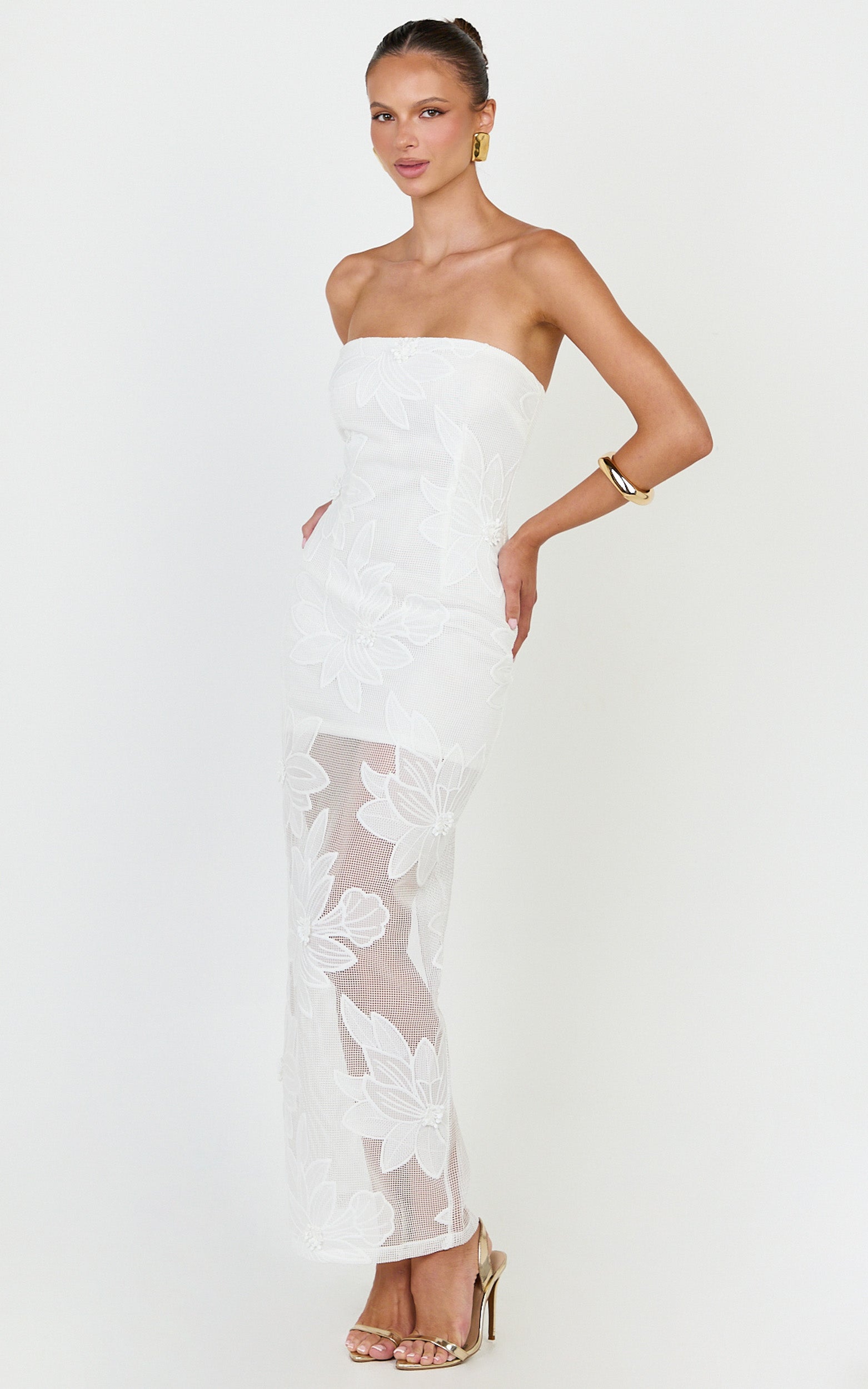 Sienna Midi Dress - Strapless Floral Embroidered Bodycon Dress in White - View 2