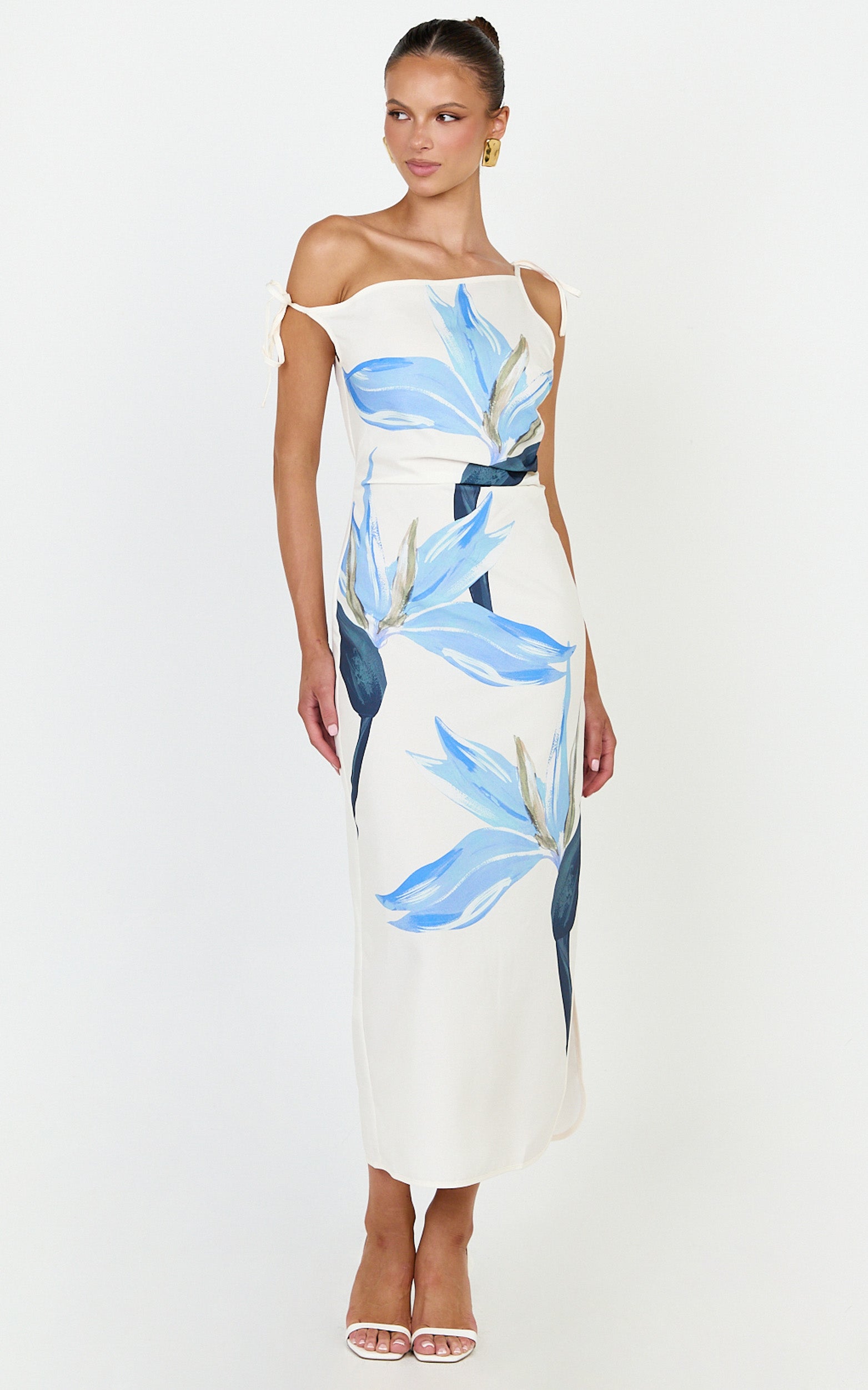 Zali Midi Dress - Off Shoulder Side Split Column Dress in Zali Floral Print - View 3