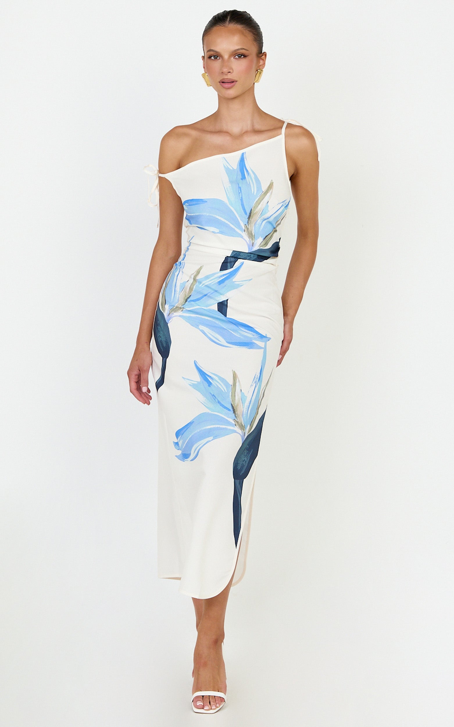 Zali Midi Dress - Off Shoulder Side Split Column Dress in Zali Floral Print - View 4