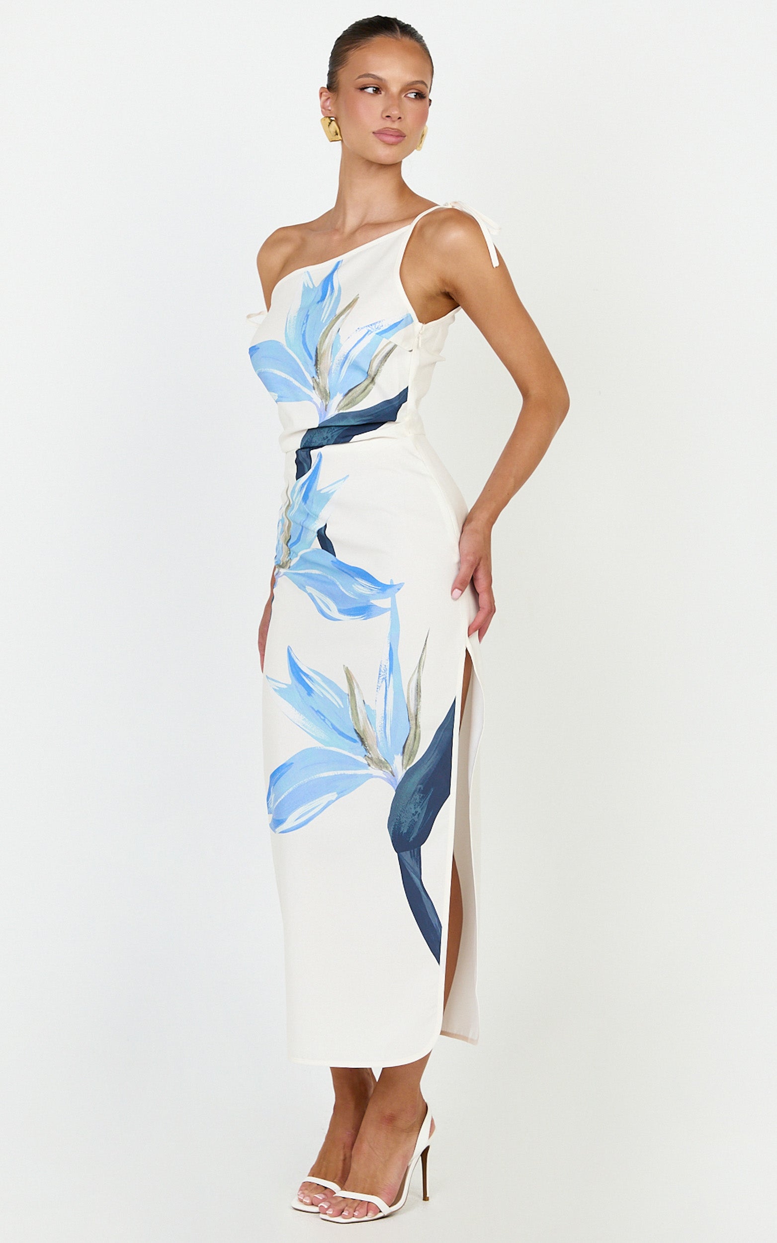 Zali Midi Dress - Off Shoulder Side Split Column Dress in Zali Floral Print - View 2