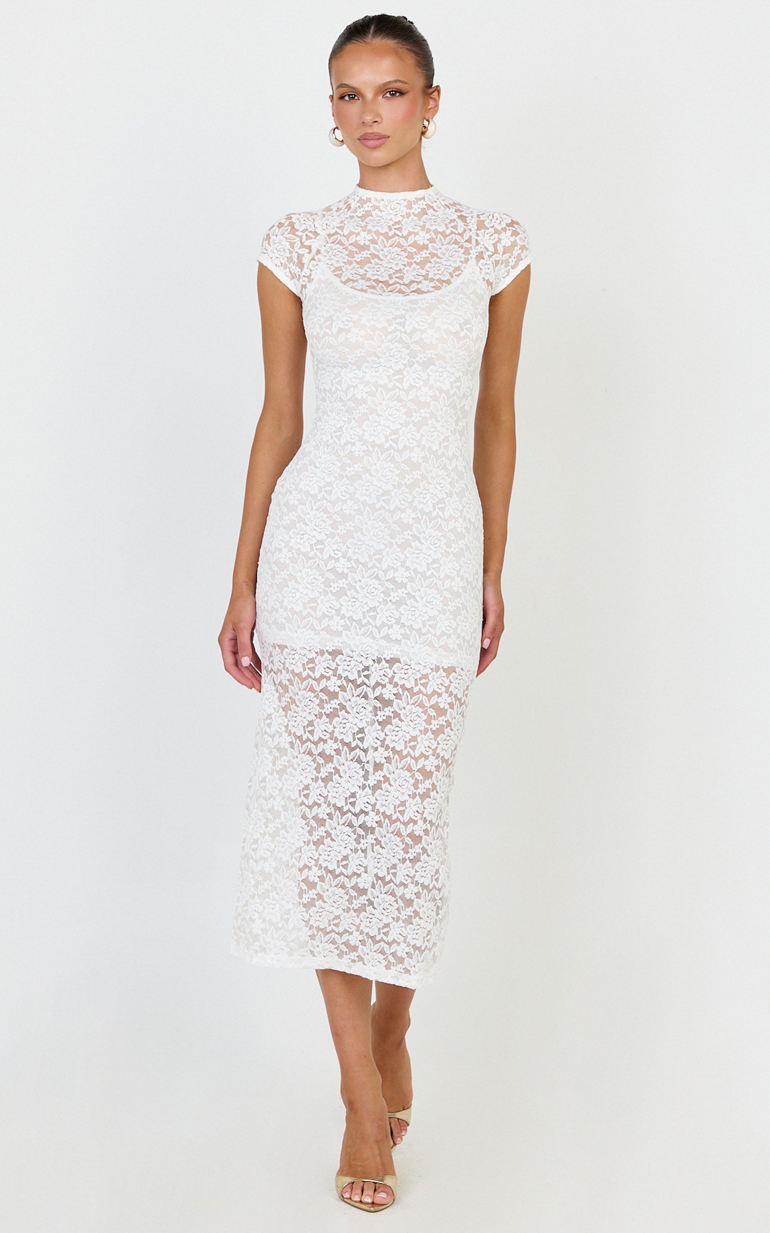 Emma Midi Dress - Lace Cap Sleeve Bodycon Dress in White - View 4