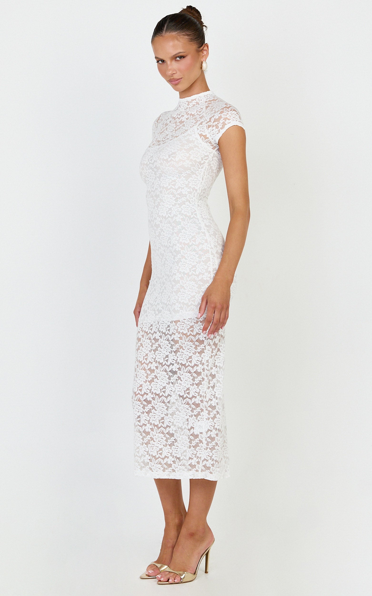 Emma Midi Dress - Lace Cap Sleeve Bodycon Dress in White - View 2