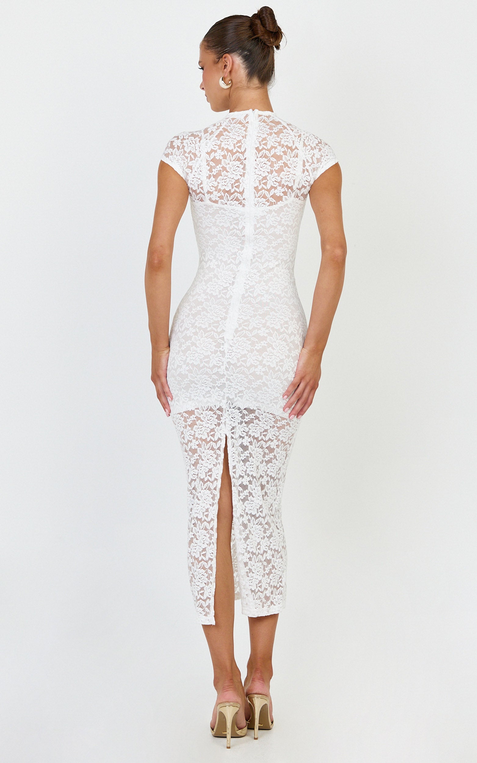 Emma Midi Dress - Lace Cap Sleeve Bodycon Dress in White - View 5