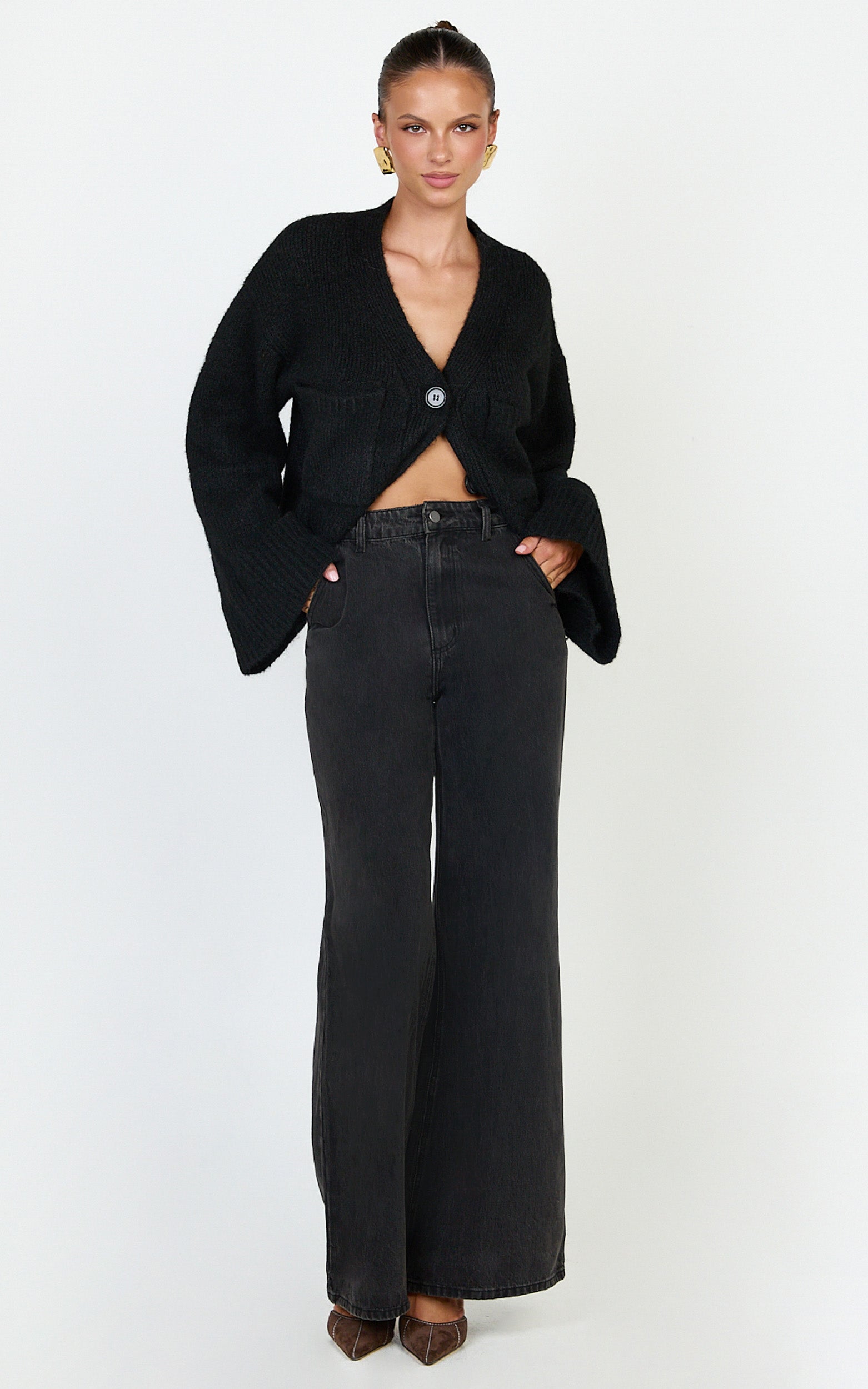 Becka Cardigan - Oversized Recycled Knitted Button Through Cardigan in Black - View 3