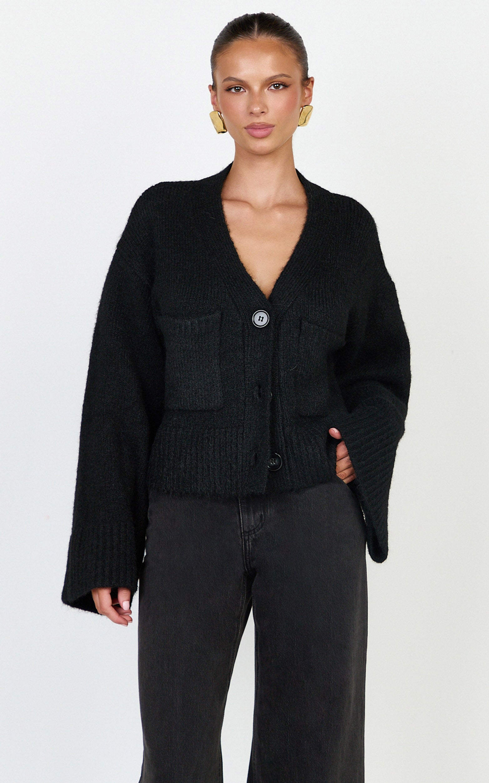 Becka Cardigan - Oversized Recycled Knitted Button Through Cardigan in Black - View 2