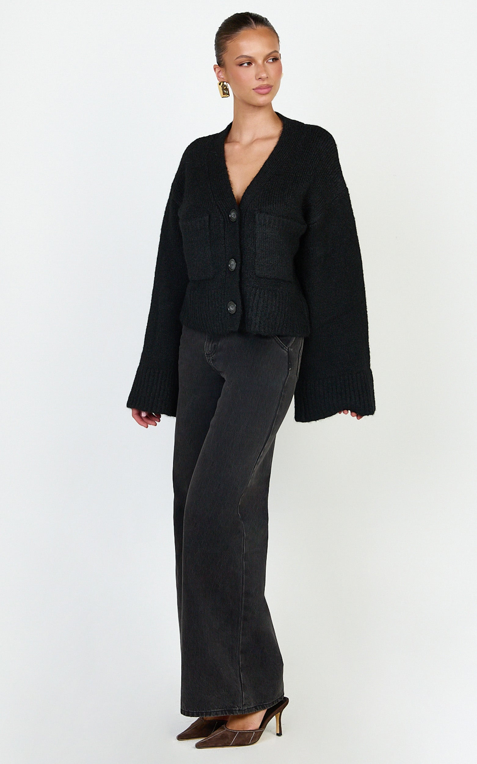 Becka Cardigan - Oversized Recycled Knitted Button Through Cardigan in Black - View 4