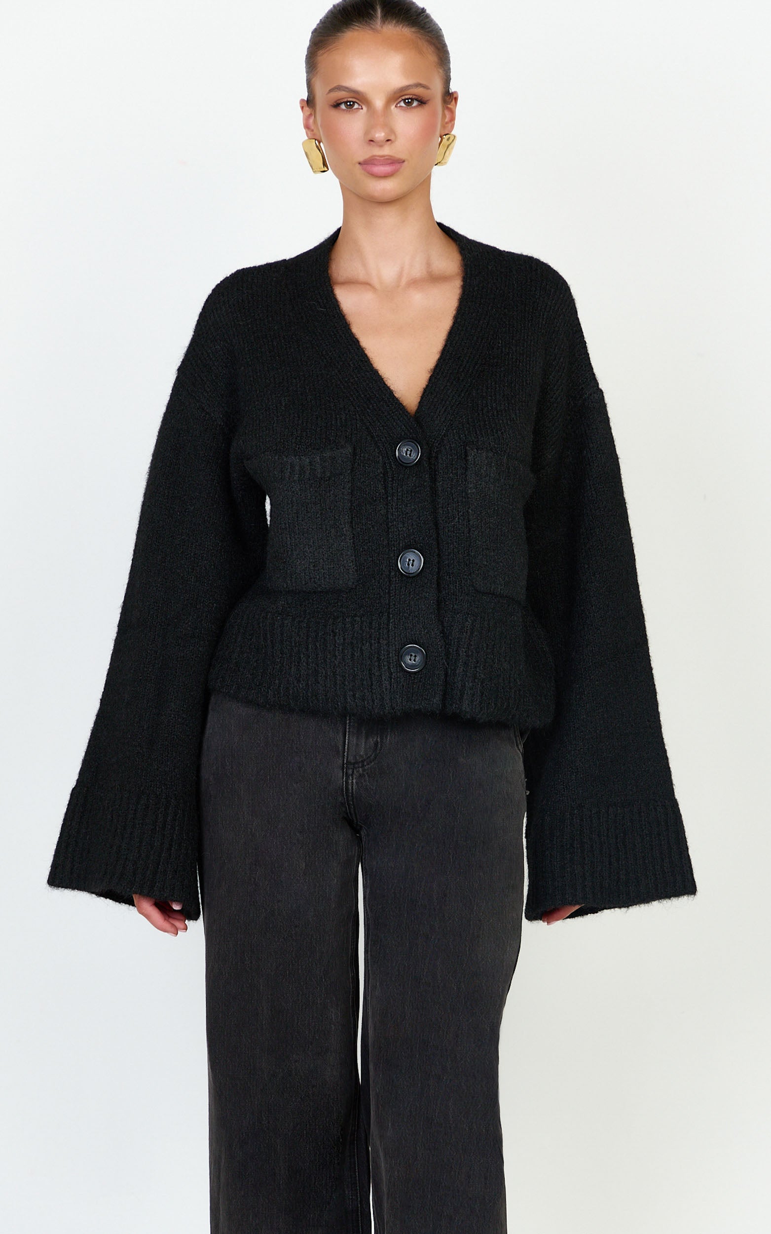 Becka Cardigan - Oversized Recycled Knitted Button Through Cardigan in Black - View 6