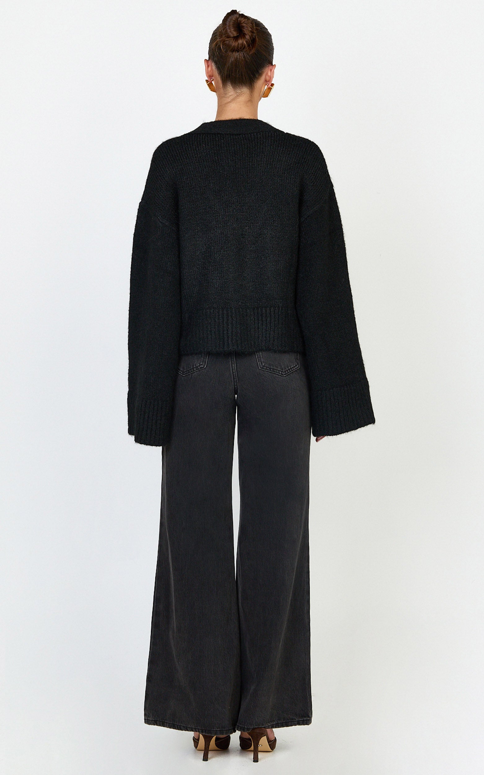 Becka Cardigan - Oversized Recycled Knitted Button Through Cardigan in Black - View 5