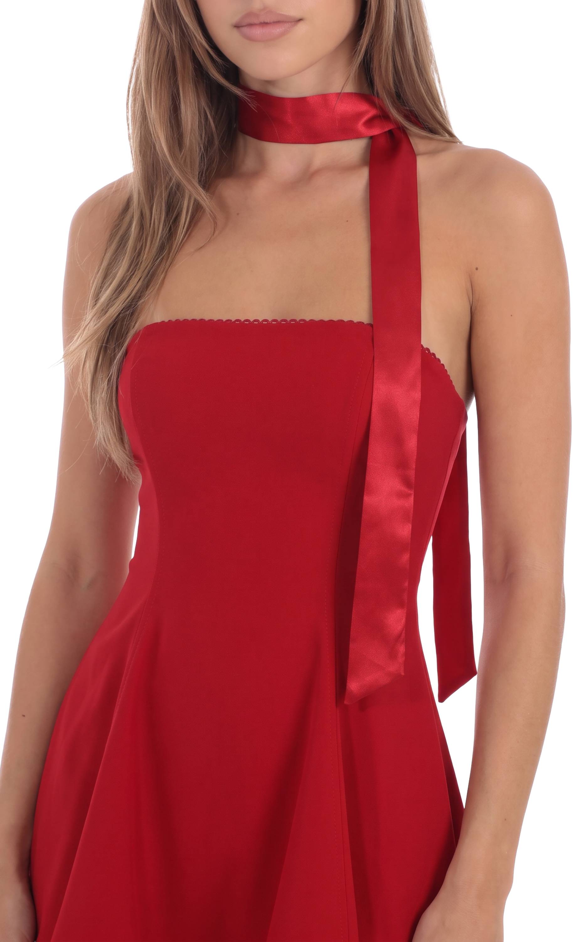 Satin Scarf Strapless Dress in Red - view 5