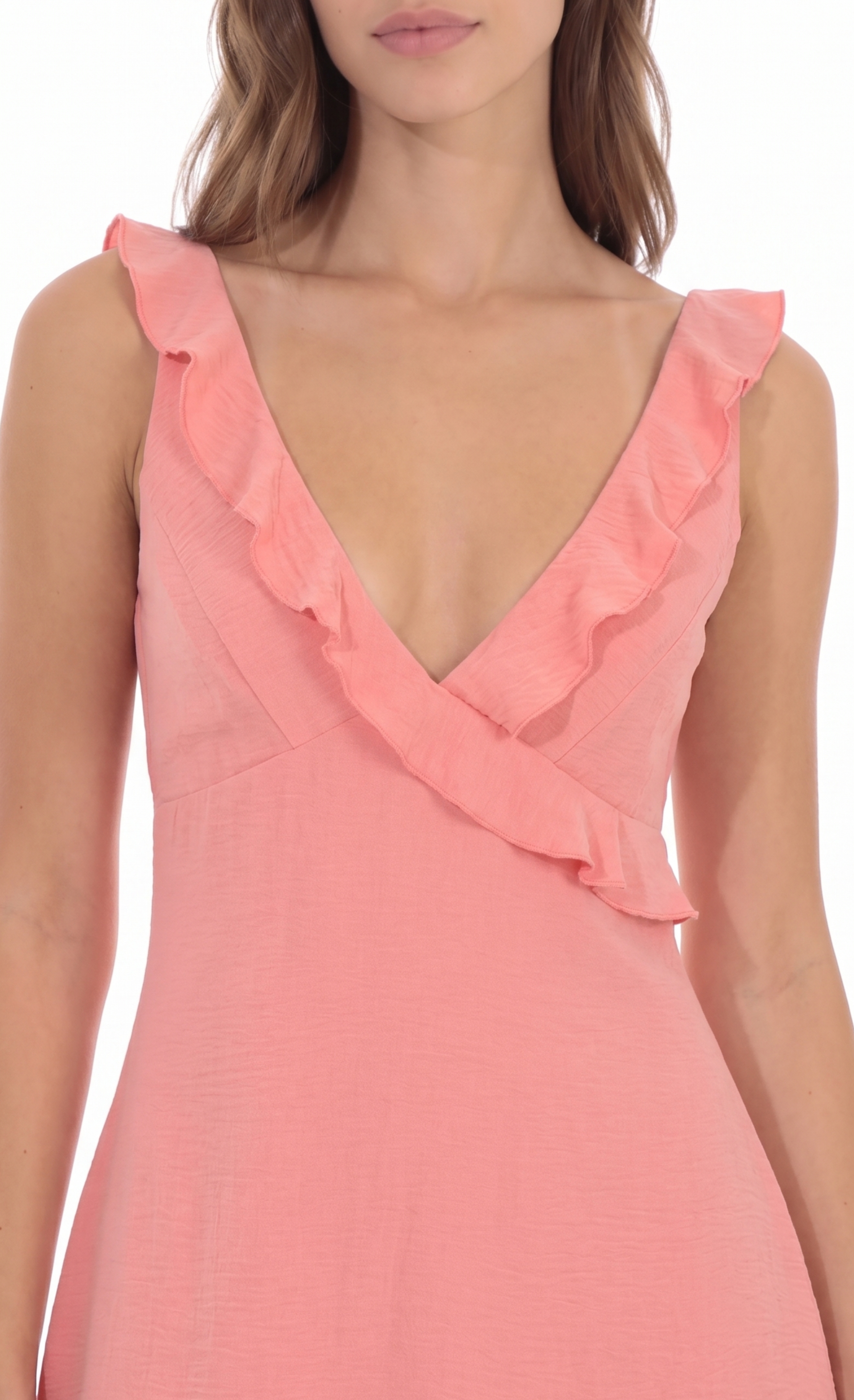 Ruffle V-Neck Dress in Coral - view 5
