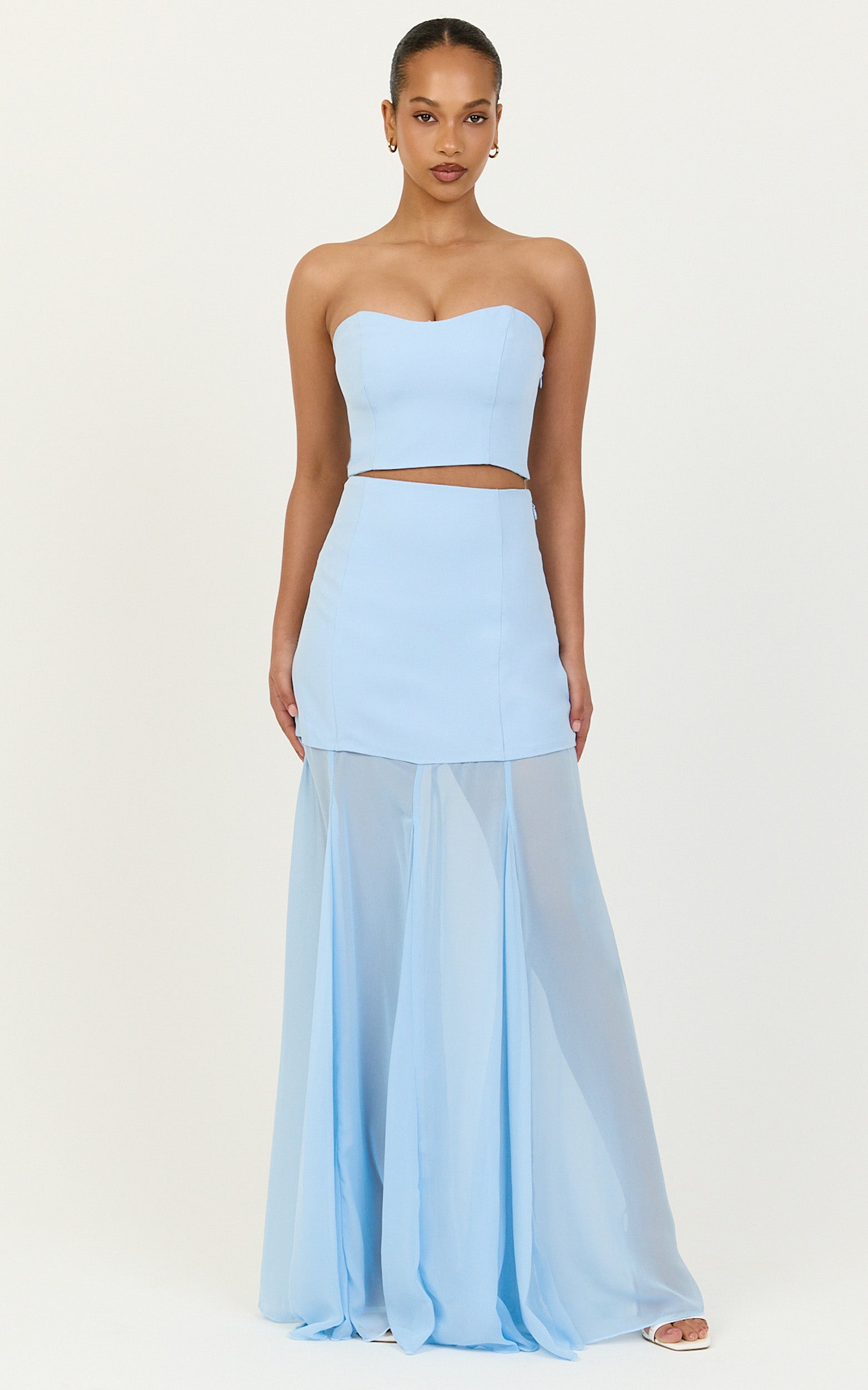 Elara Two Piece Top and Skirt Set - Strapless Shirred Back Top And Contrast Sheer Godet Skirt Set in Blue - View 1