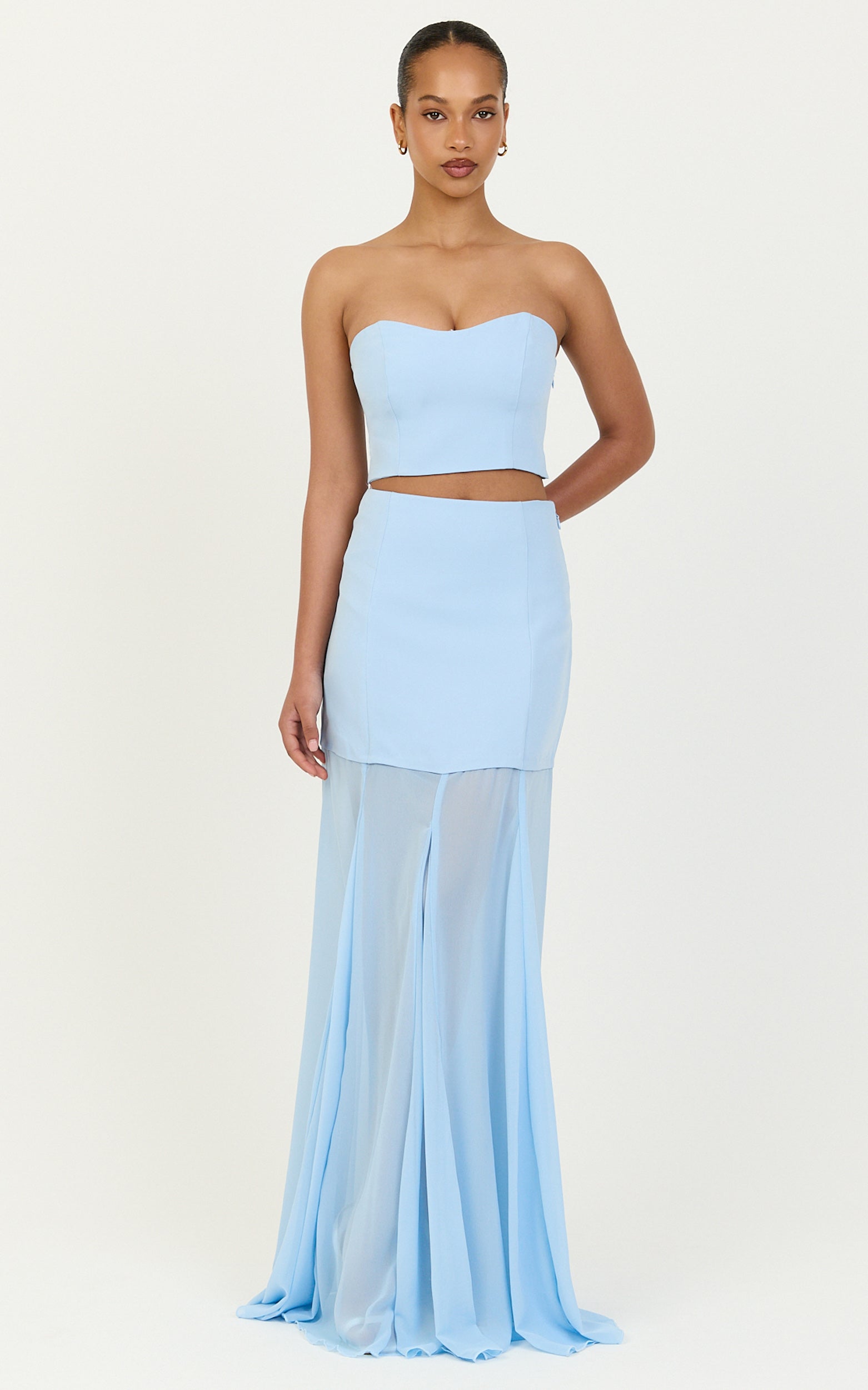 Elara Two Piece Top and Skirt Set - Strapless Shirred Back Top And Contrast Sheer Godet Skirt Set in Blue - View 3