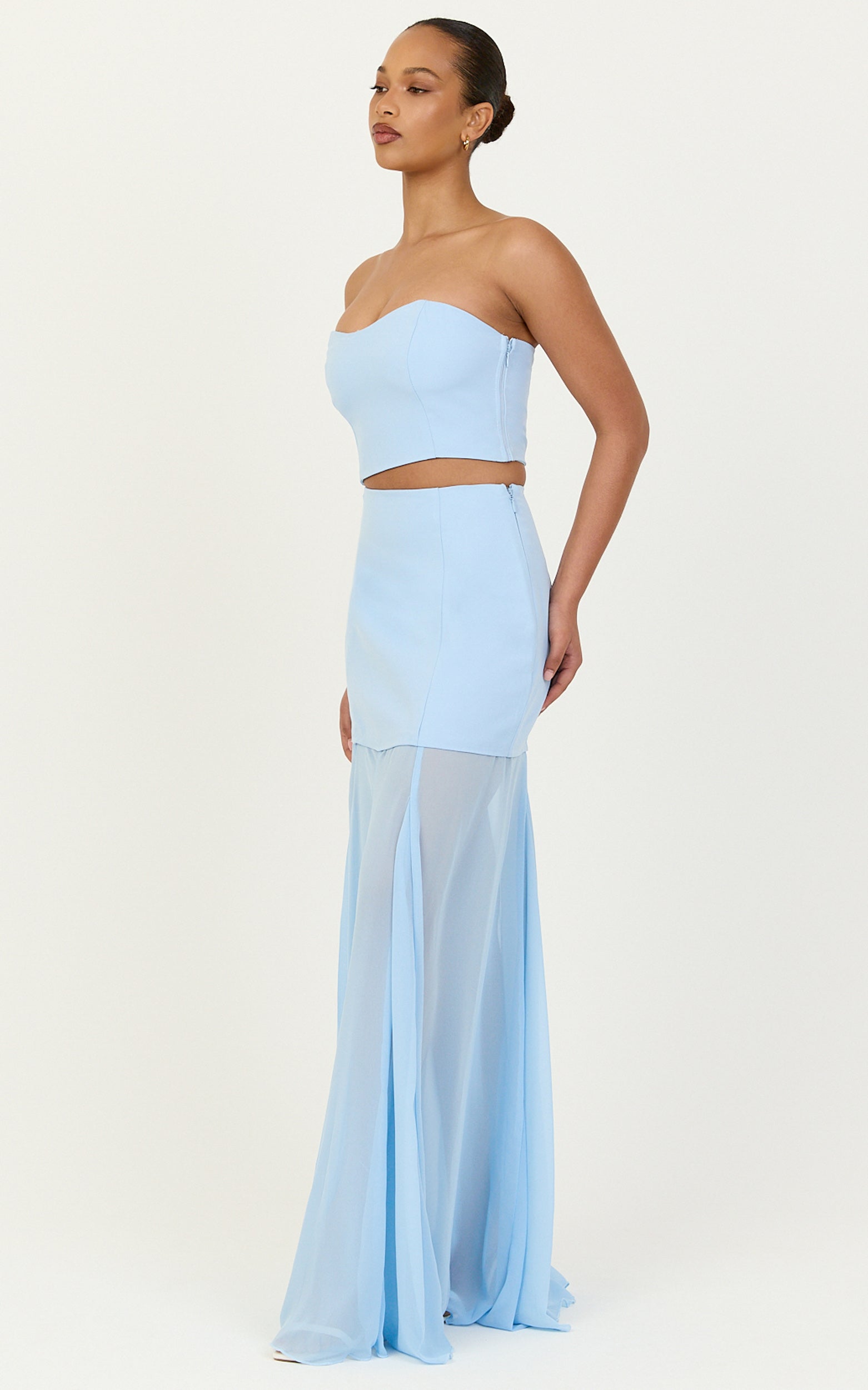 Elara Two Piece Top and Skirt Set - Strapless Shirred Back Top And Contrast Sheer Godet Skirt Set in Blue - View 2