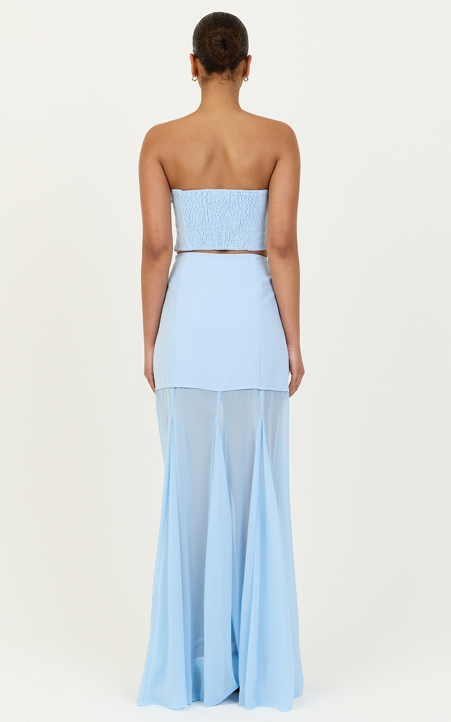 Elara Two Piece Top and Skirt Set - Strapless Shirred Back Top And Contrast Sheer Godet Skirt Set in Blue - View 5