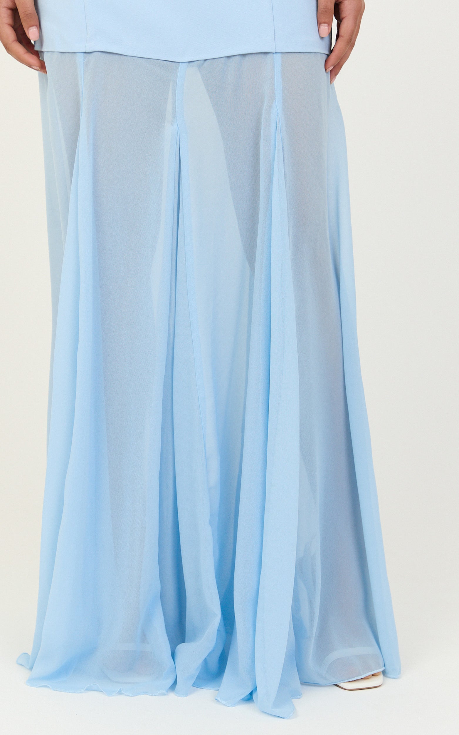 Elara Two Piece Top and Skirt Set - Strapless Shirred Back Top And Contrast Sheer Godet Skirt Set in Blue - View 6