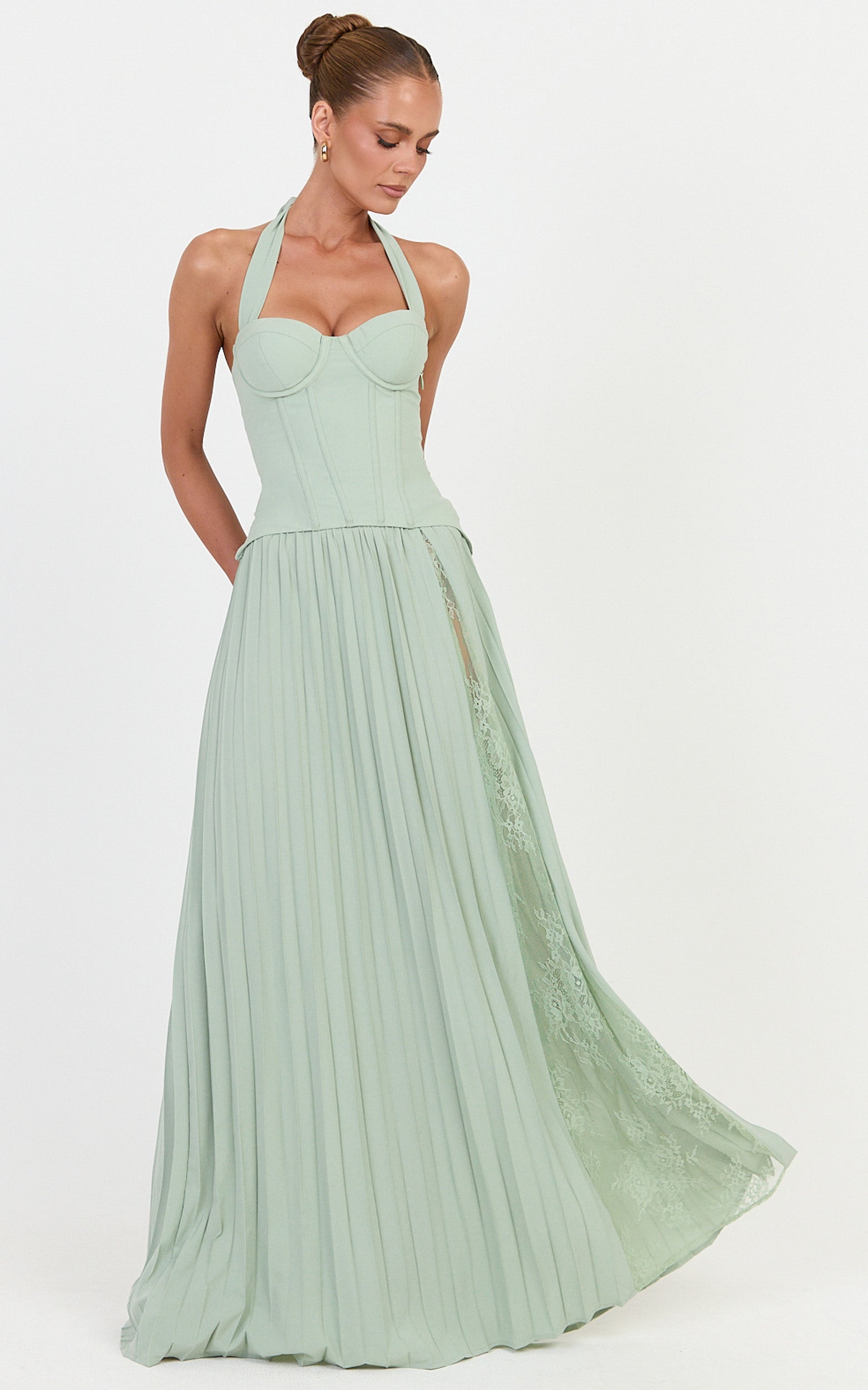 Dani Two Piece Top and Skirt Set - Corset Halter Top And Pleated Skirt Set in Green - View 9