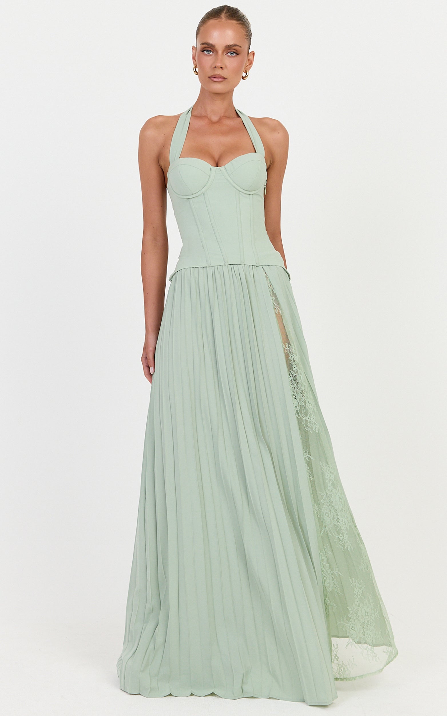 Dani Two Piece Top and Skirt Set - Corset Halter Top And Pleated Skirt Set in Green - View 4