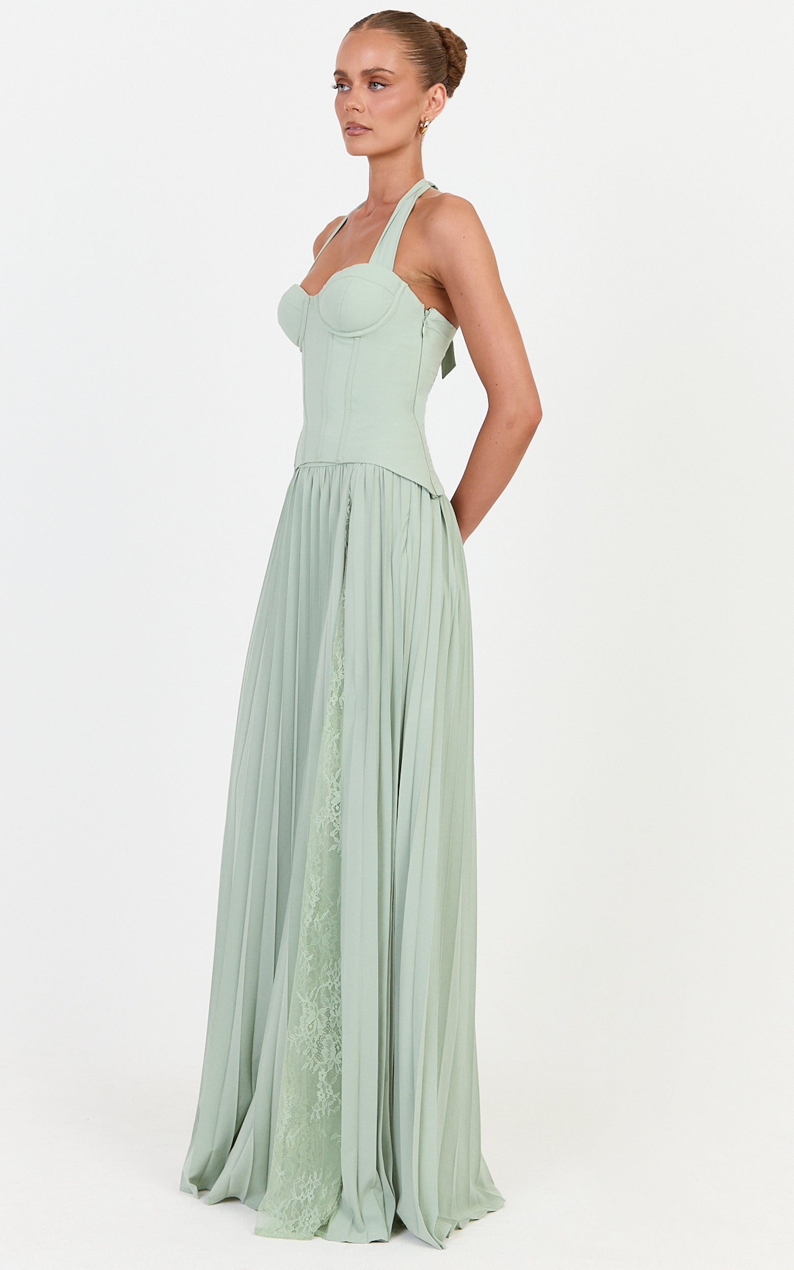 Dani Two Piece Top and Skirt Set - Corset Halter Top And Pleated Skirt Set in Green - View 5