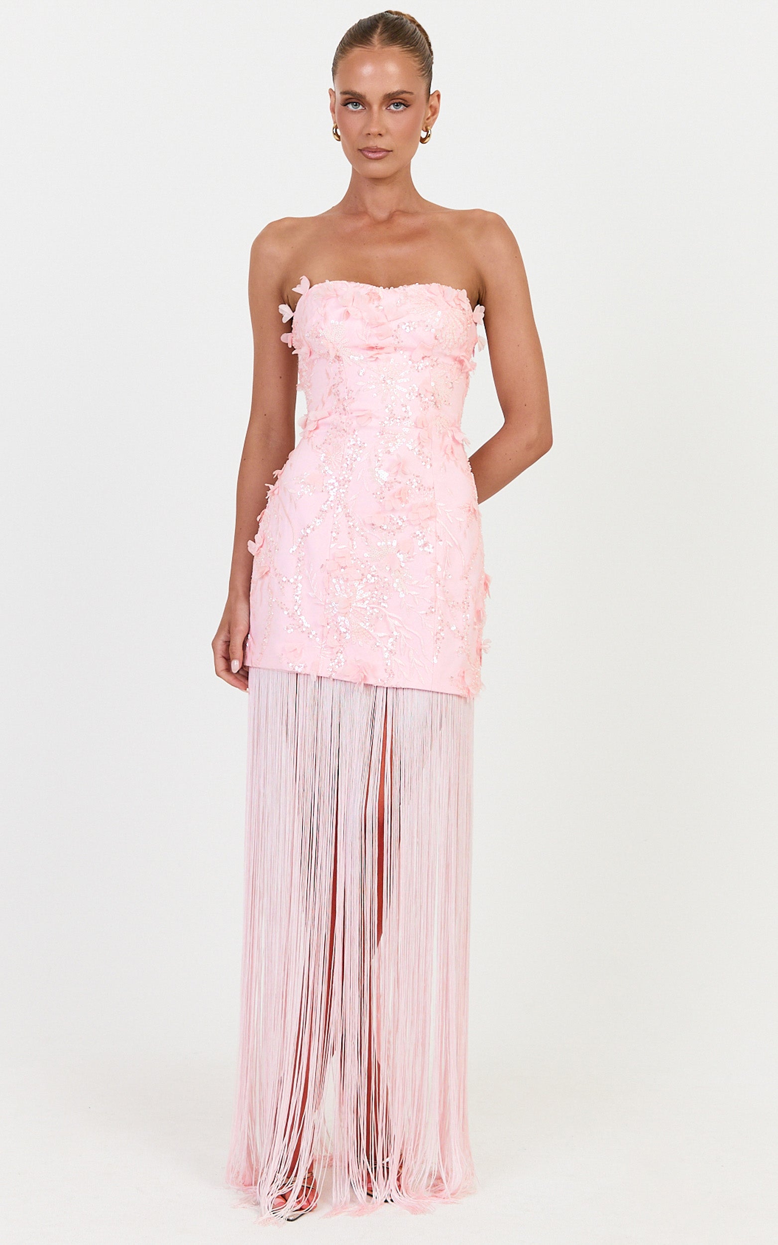Ellie Maxi Dress - Embellished 3D Floral Bodice Drop Waist With Fringe Skirt in Pink - View 6