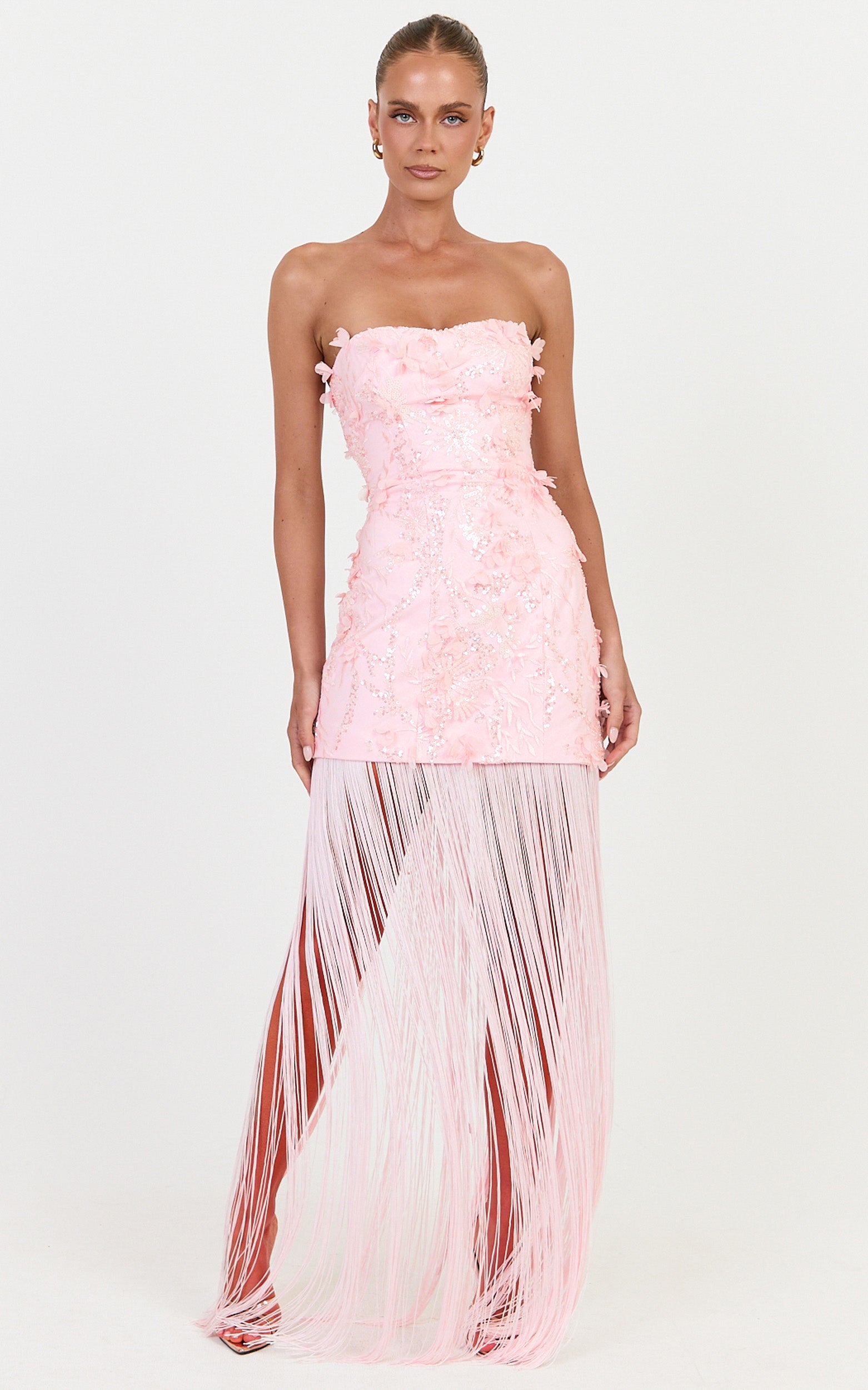 Ellie Maxi Dress - Embellished 3D Floral Bodice Drop Waist With Fringe Skirt in Pink - View 4