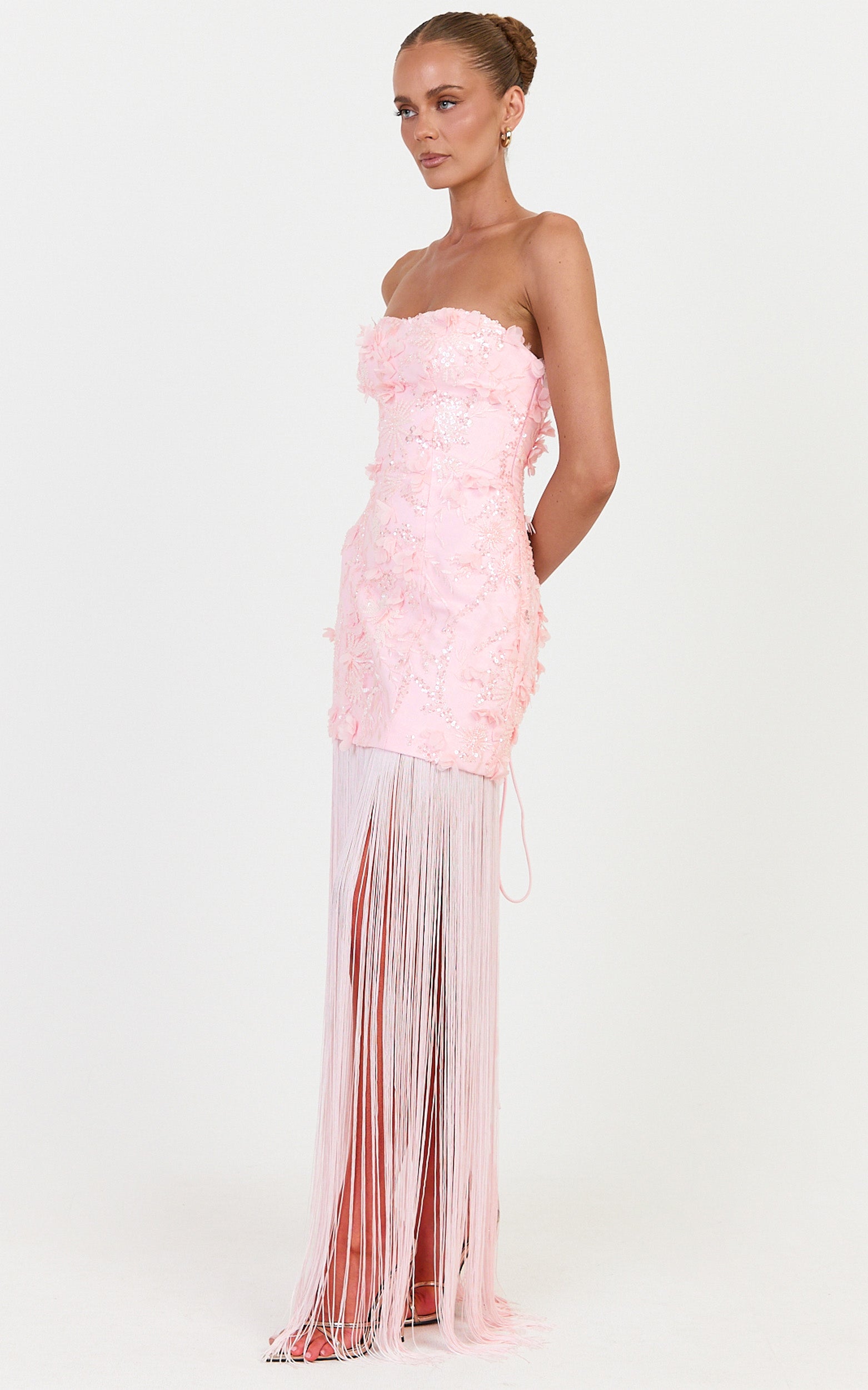 Ellie Maxi Dress - Embellished 3D Floral Bodice Drop Waist With Fringe Skirt in Pink - View 8